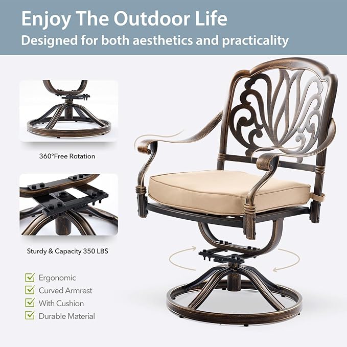 9-Piece Cast Aluminum Patio Furniture, Outdoor Dining Sets for 8 Include 87" Rectangular Patio Dining Table, 6 Stackable Chairs & 2 Swivel Chairs with Cushions & Umbrella Hole(Bronze)