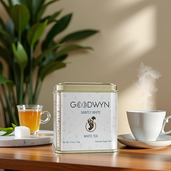 Goodwyn White Tea Loose Leaf – 25 Cups (50g / 1.76 oz) | Premium Handpicked Whole Leaves, Imperial Indian White Tea | Pure Delicate Floral Flavor, Low Caffeine, Sugar-Free | Hot or Iced | Luxury Tin | Gift-Ready
