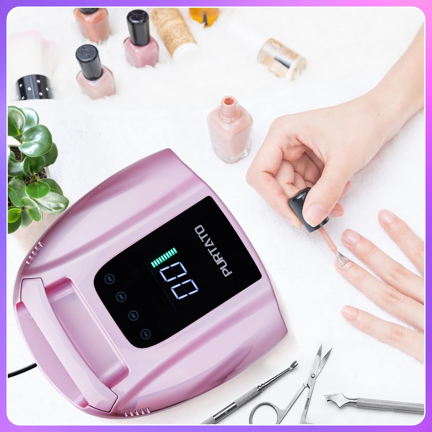 PURTATO Professional Rechargeable 96W UV LED Portable Cordless UV Light for Nail Lamp Machine with Removable Stainless Steel Bottom,4 Timer Setting and Smart Sensor Nail Dryer (Plating Pink)