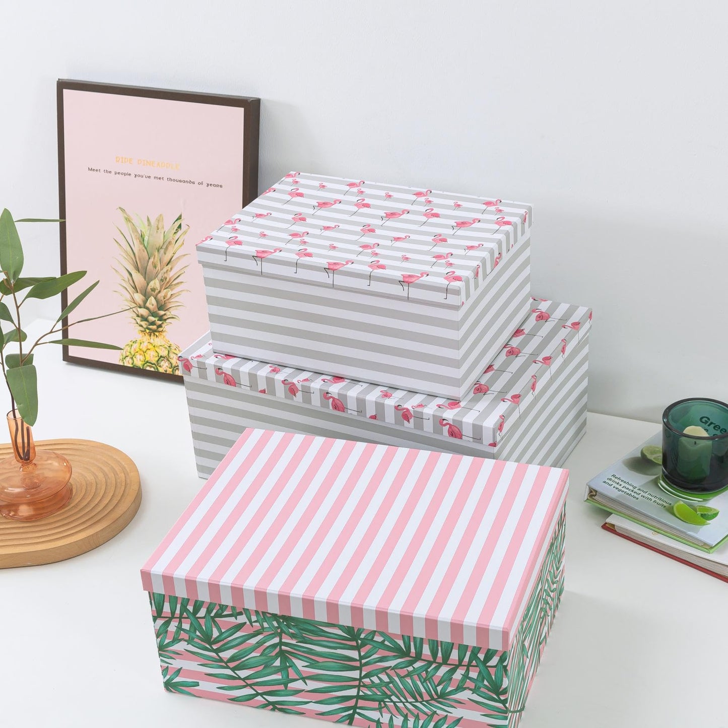 SLPR Decorative Cardboard Storage Boxes With Lids For Home Décor, Set of 3 Pink Flamingo Paperboard Nesting Gift Boxes, Palm Leaves Large Picture and Photo Storage for Keepsakes