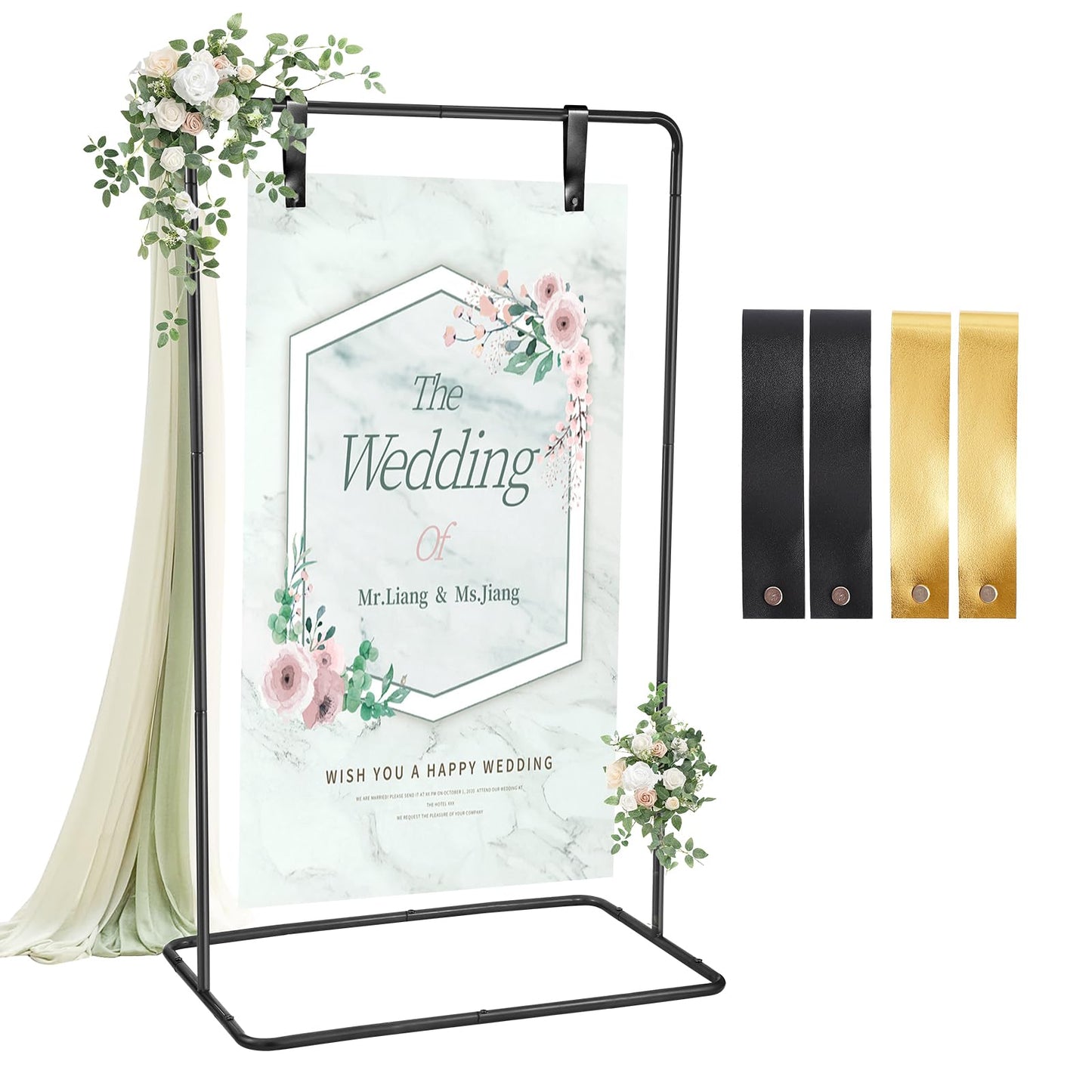 ParseBio Wedding Sign Holder, 68”x31”x 20” Adjustable Black Welcome Sign Stand with Leather Sign Hanging Straps, Sign Rack,Heavy Duty Easel for Valentines Day, Wedding Seating Chart Stand