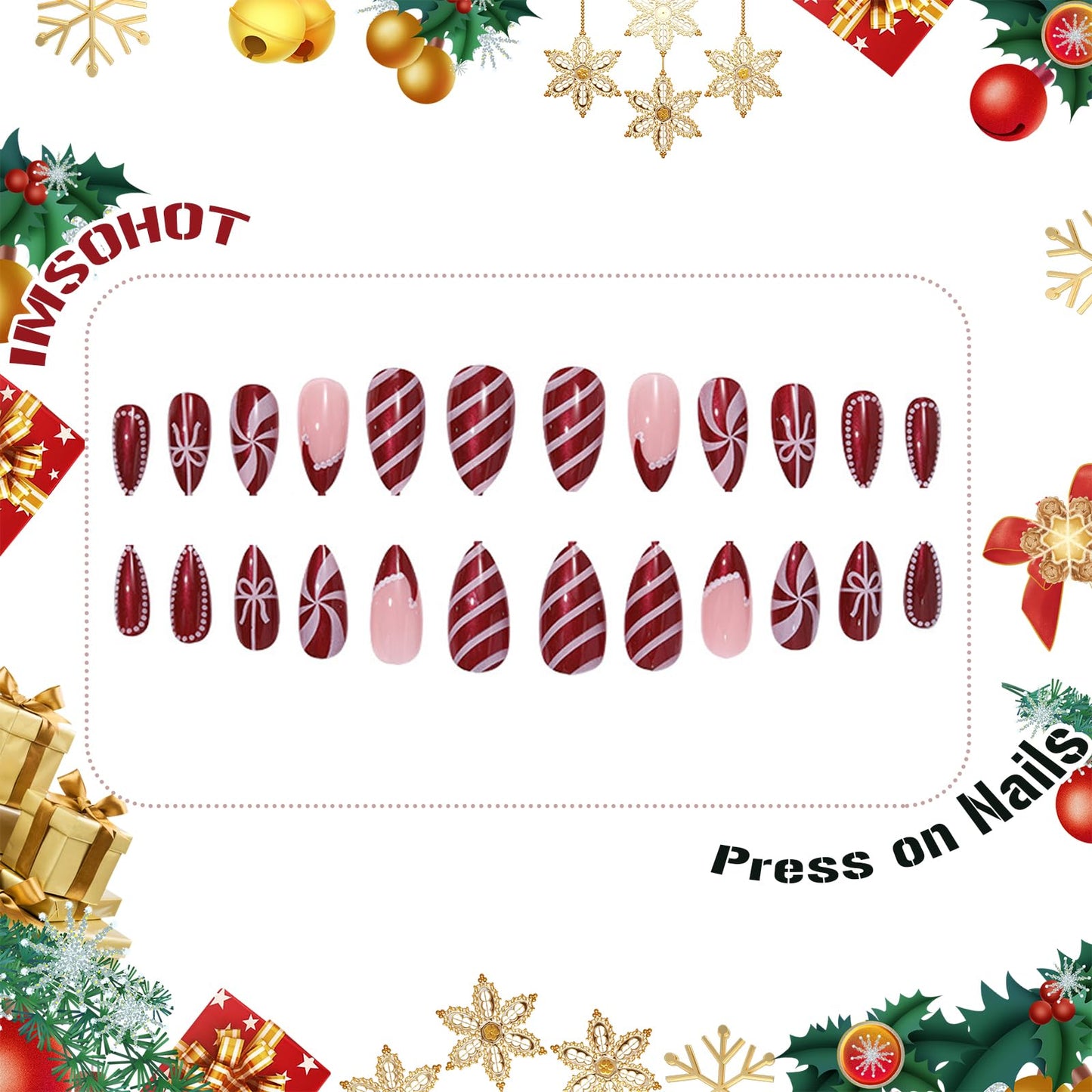 IMSOHOT Red Press on Nails Medium Almond Fake Nails Glossy Glue on Nails Full Cover Acrylic False Nails for Women Girls 24Pcs