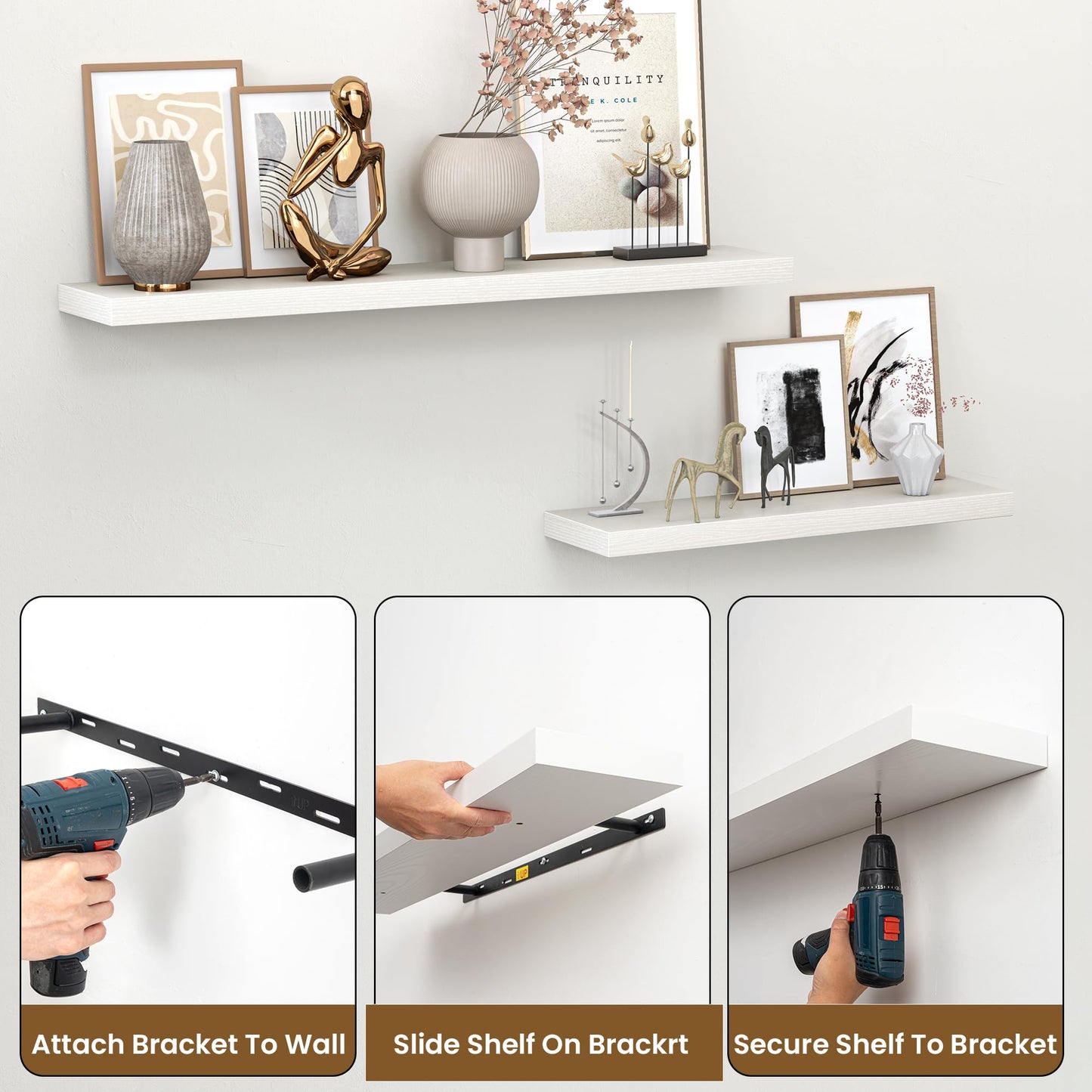 Heimlove 24 Inch Floating Shelves for Wall,Mounted Storage Wood Shelves with Invisible Brackets Hanging Shelf for Bedroom,Living Room,Kitchen,Office,Set of 2,White