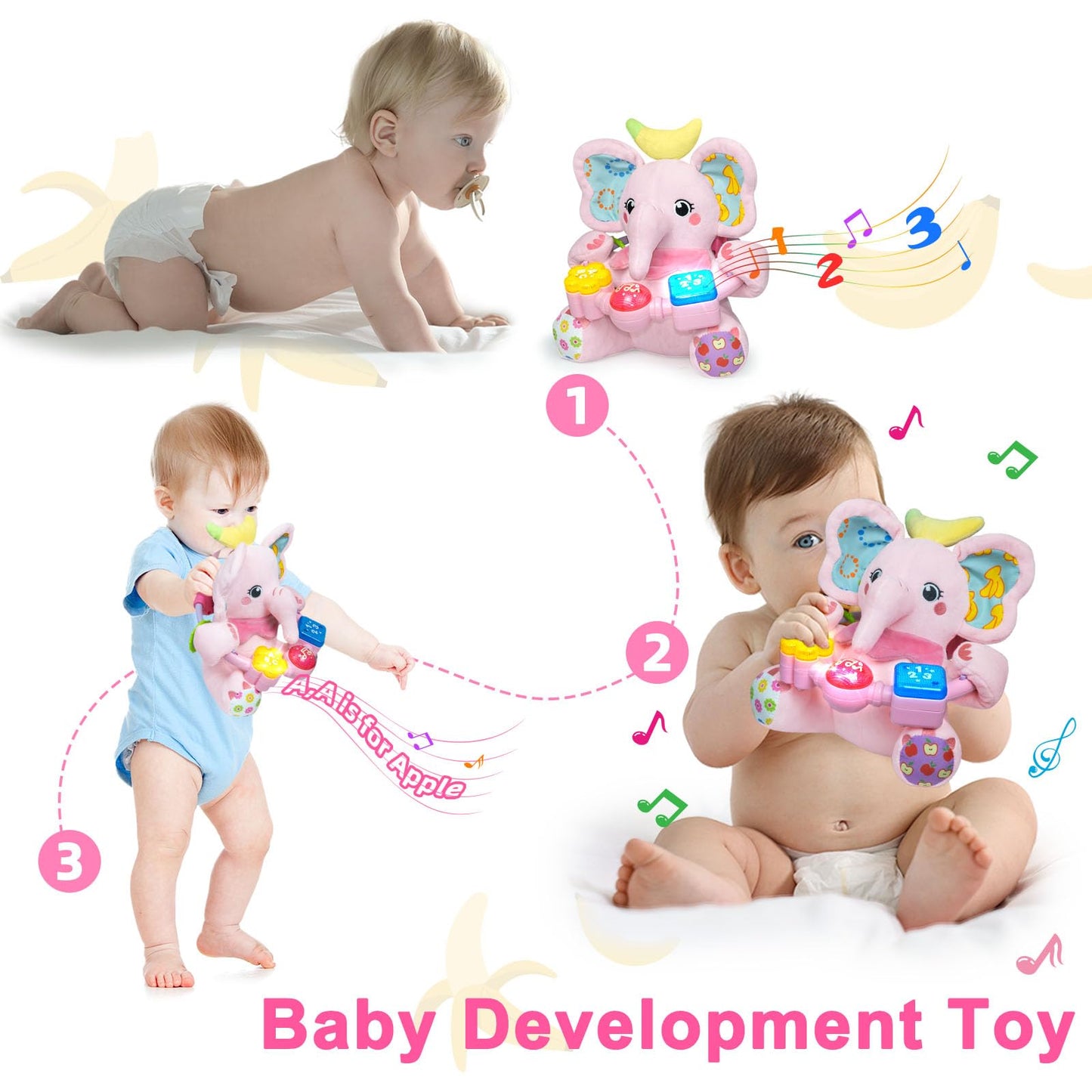 Holaxander Baby Boy Gift Set for 0-6-12+ Months (1 * Baby Elephant Musical Toy & 1 * Musical Plush Dino Toy)