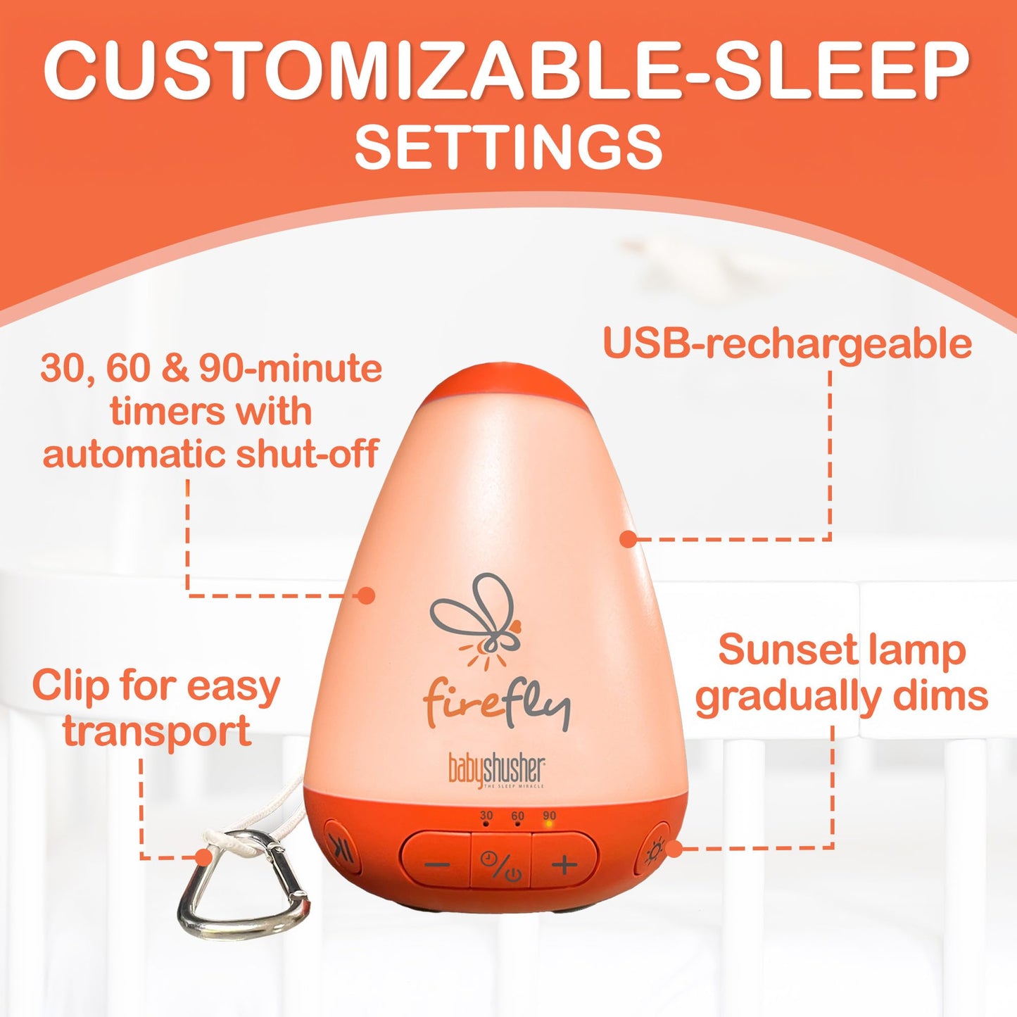 Baby Shusher Firefly Baby Soother for Crying Babies with Nightlight - White Noise Sound Machine, Baby Soother for Sleeping, Newborn Essentials for Crib, USB Rechargeable - 1 Count