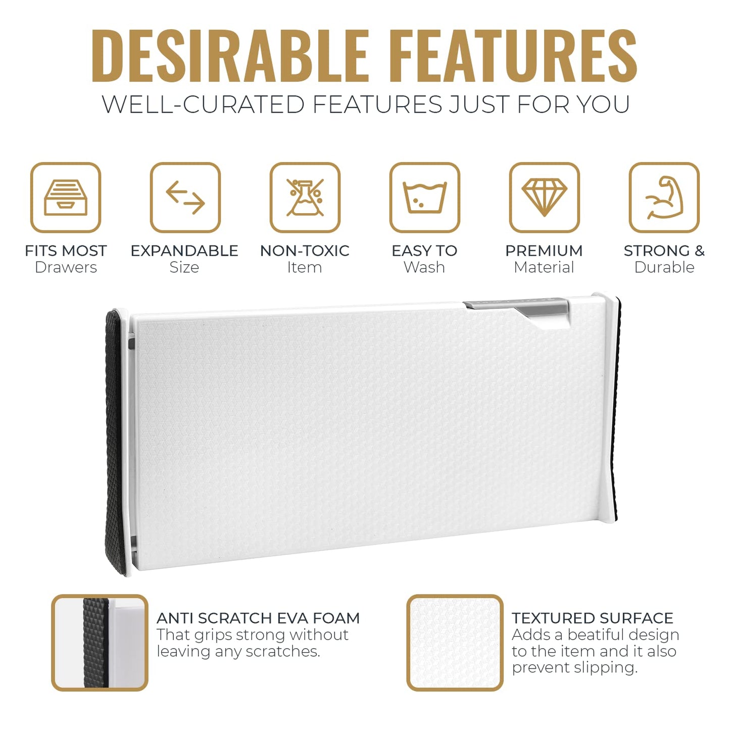RAPTUROUS Adjustable Deep Drawer Divider – 6" Tall, Expandable 13-22", 4-Pack, Non-Slip Drawer Dividers for Clothes, Dresser, Kitchen & Office Organization (White)