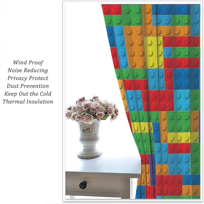 Colorful Building Block Toy Printed Curtains, Building Blocks, Curtains, Fun Brick 3D Design, Kids, Teens, Girls, Boys, Living Room, Bedroom, Window Treatment Panels, 2 Panels 84x84in