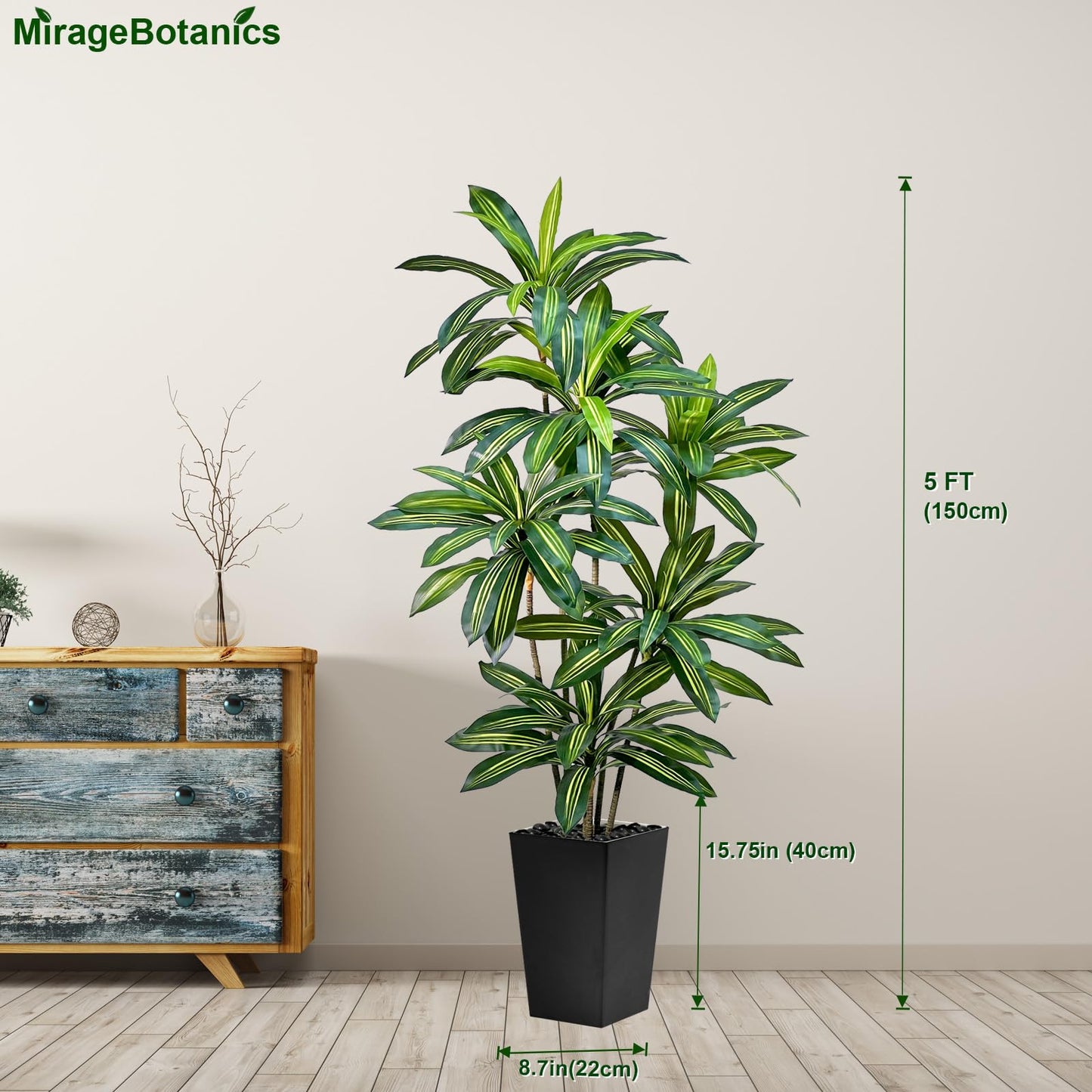 Artificial Dracaena Tree 5FT Tall Fake Plant with White Planter - Realistic Faux Dragon Tree with Tall Planter - Indoor Floor Plant for Home, Office,Mall, Living Room, Bedroom Decor