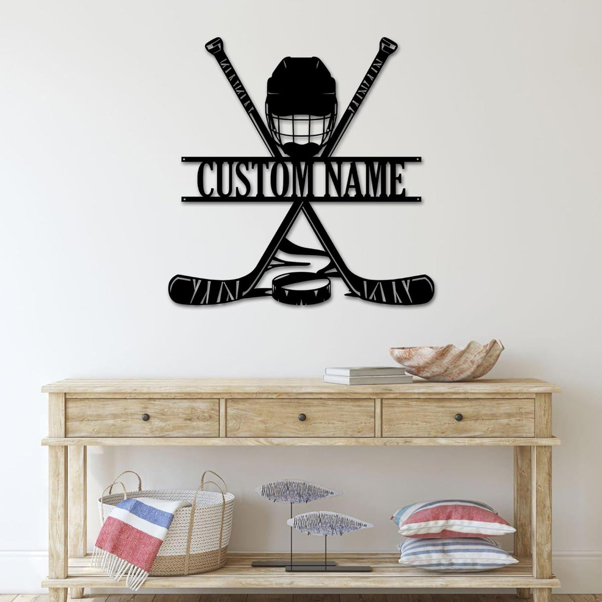 Hockey Metal Wall Art LED Sign – Custom Light Up Name Sign with Helmet & Sticks, 16-Color LED with Remote Control, Hockey Decor for Boys Room, Sports Fans