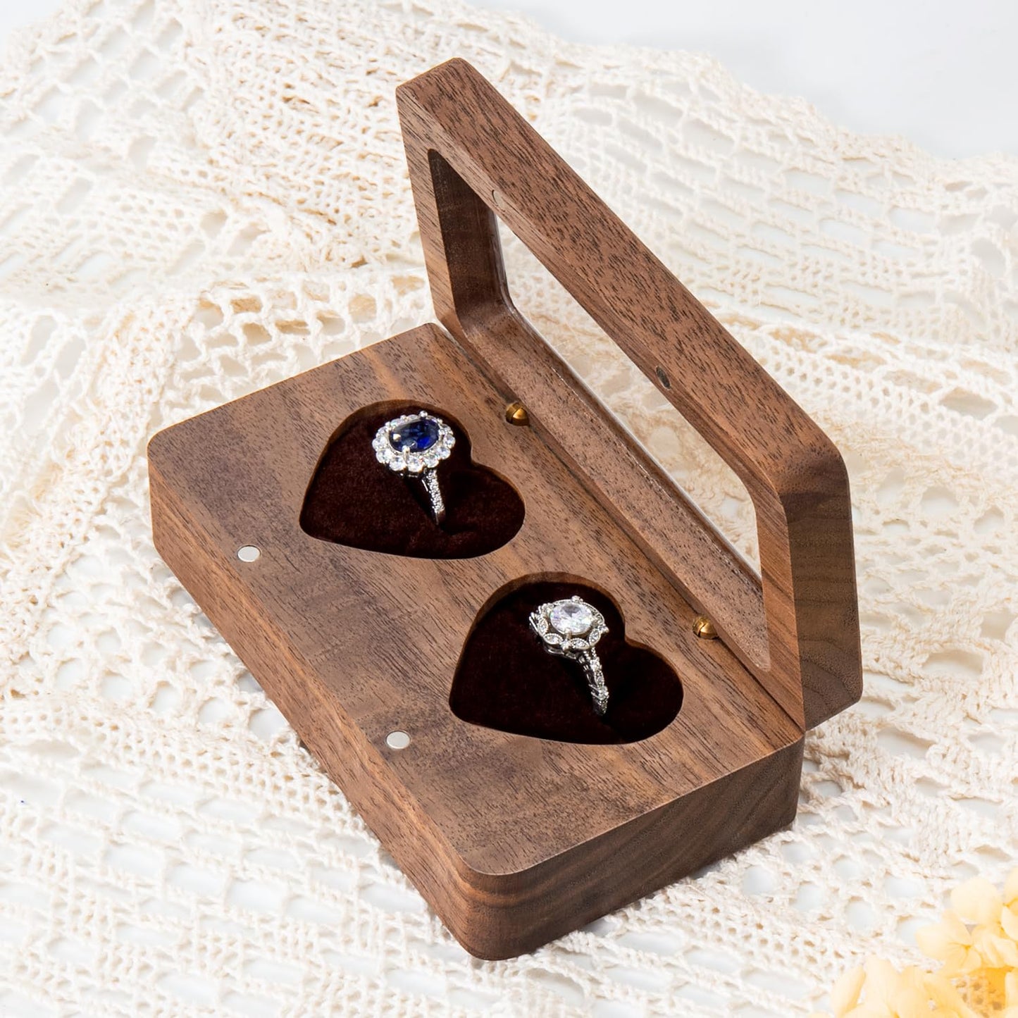 Wislist Double Ring Box for Wedding Ceremony, Walnut Wooden Heart-shaped Ring case for Wedding and Engagement (Walnut)