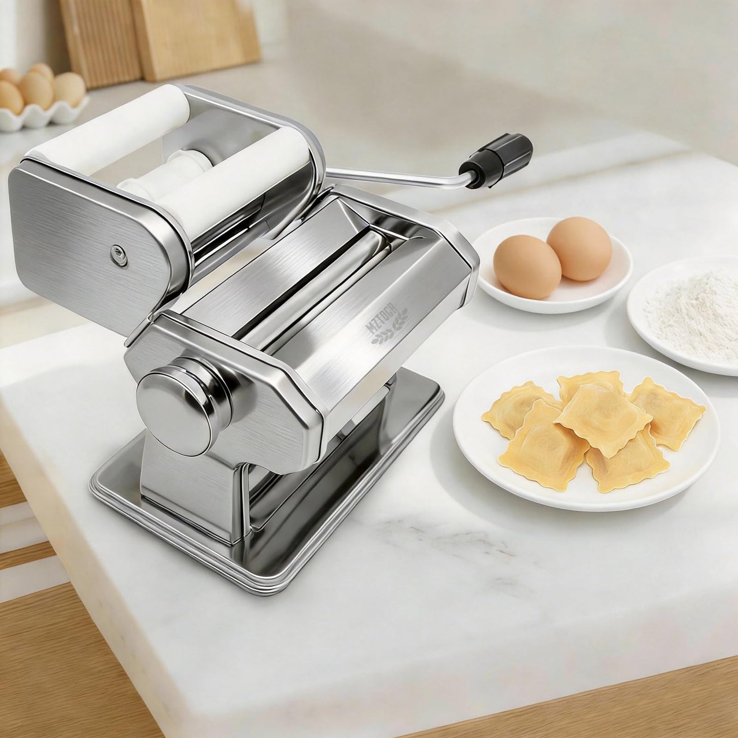 MZTOGR Pasta Maker Machine with 9 Adjustable Thickness Settings, 2 in 1 Noodle Maker Includes Pasta Cutter, Ravioli Maker Attachment & Pasta Drying Rack