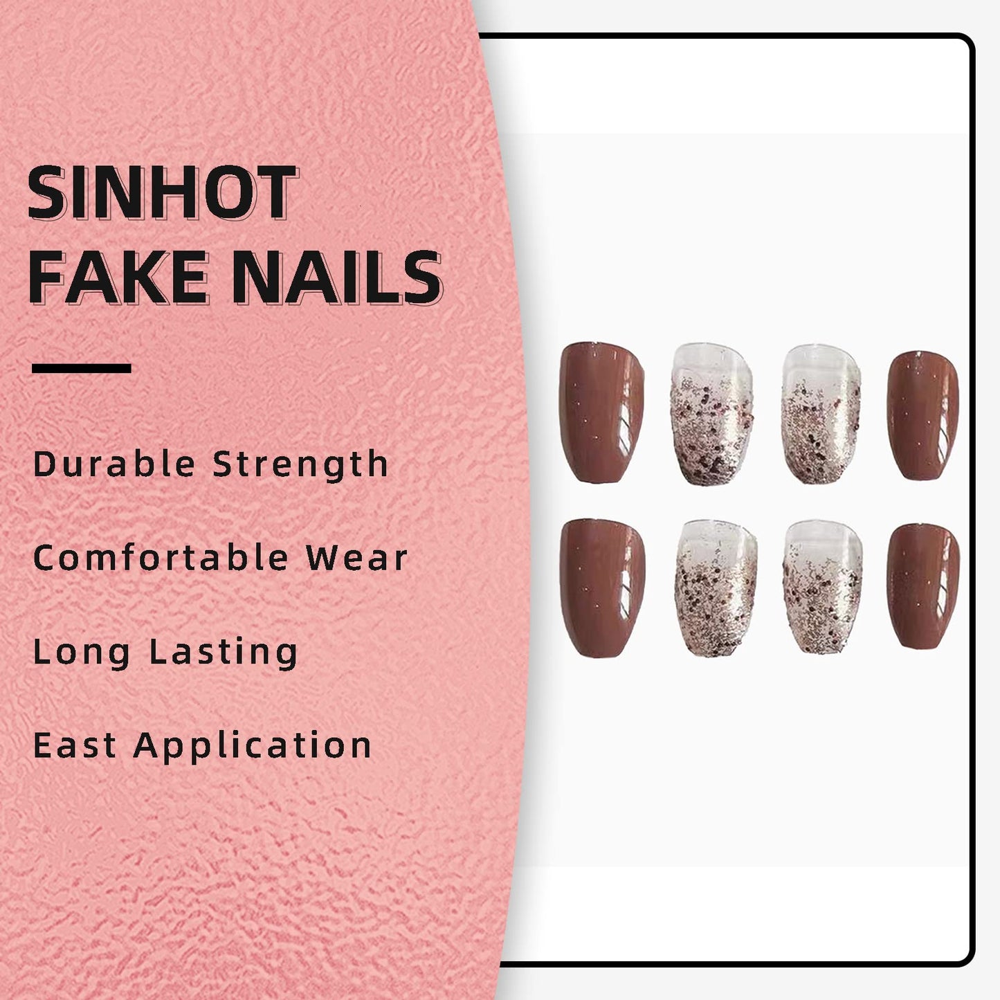 SINHOT Coffin Press on Nails Medium Ballerina Glossy Glue on Nails Brown Gradient Acrylic False Nails Designs 24 pcs