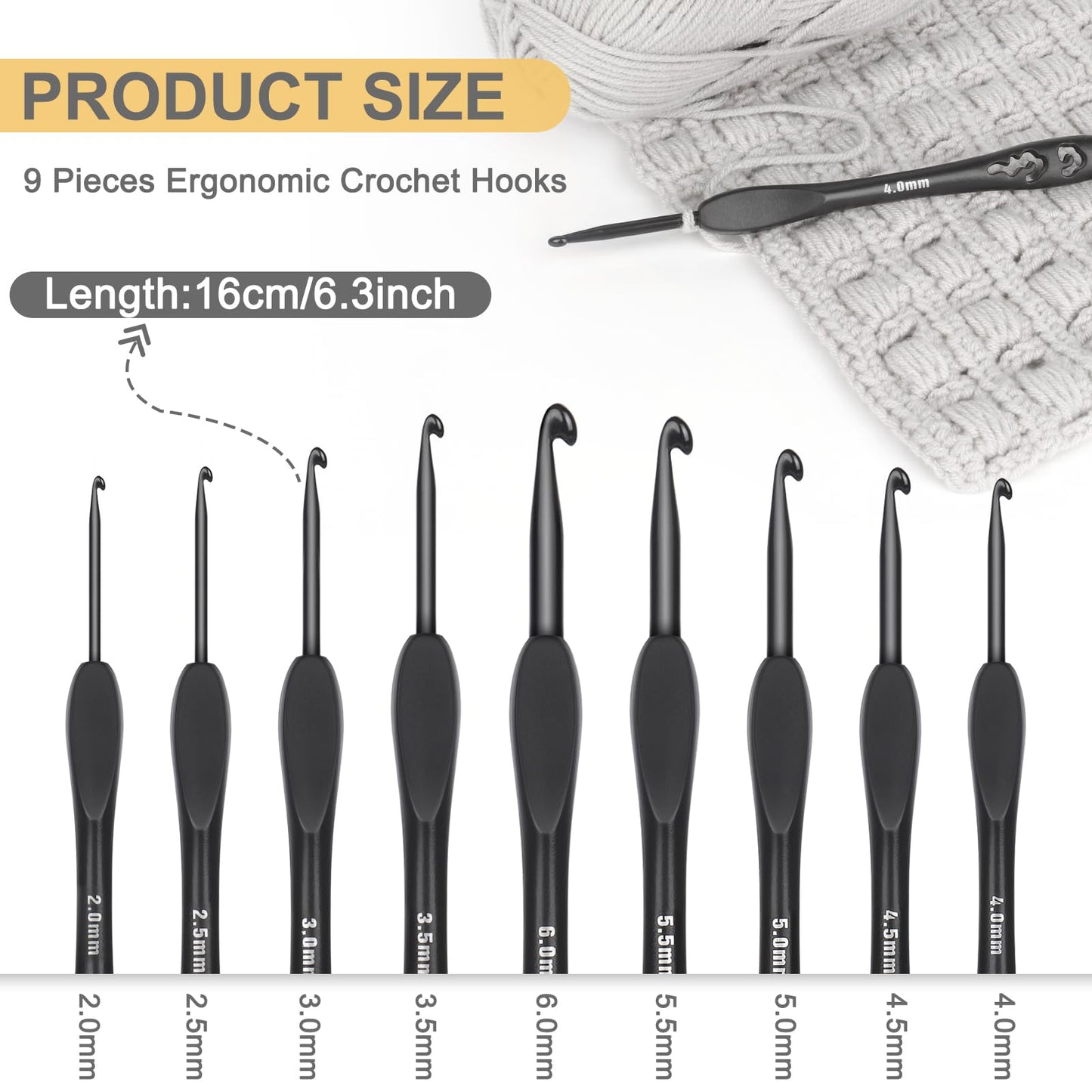 Katech 9 Sizes Crochet Hooks, Ergonomic Soft Grip Aluminum Crochet Hook Set, Black Plastic Crochet Needles for Arthritic Hands Beginners Kids Adults Ideal Crochet Lovers Gift 2.0mm(B)-6.0mm(J)