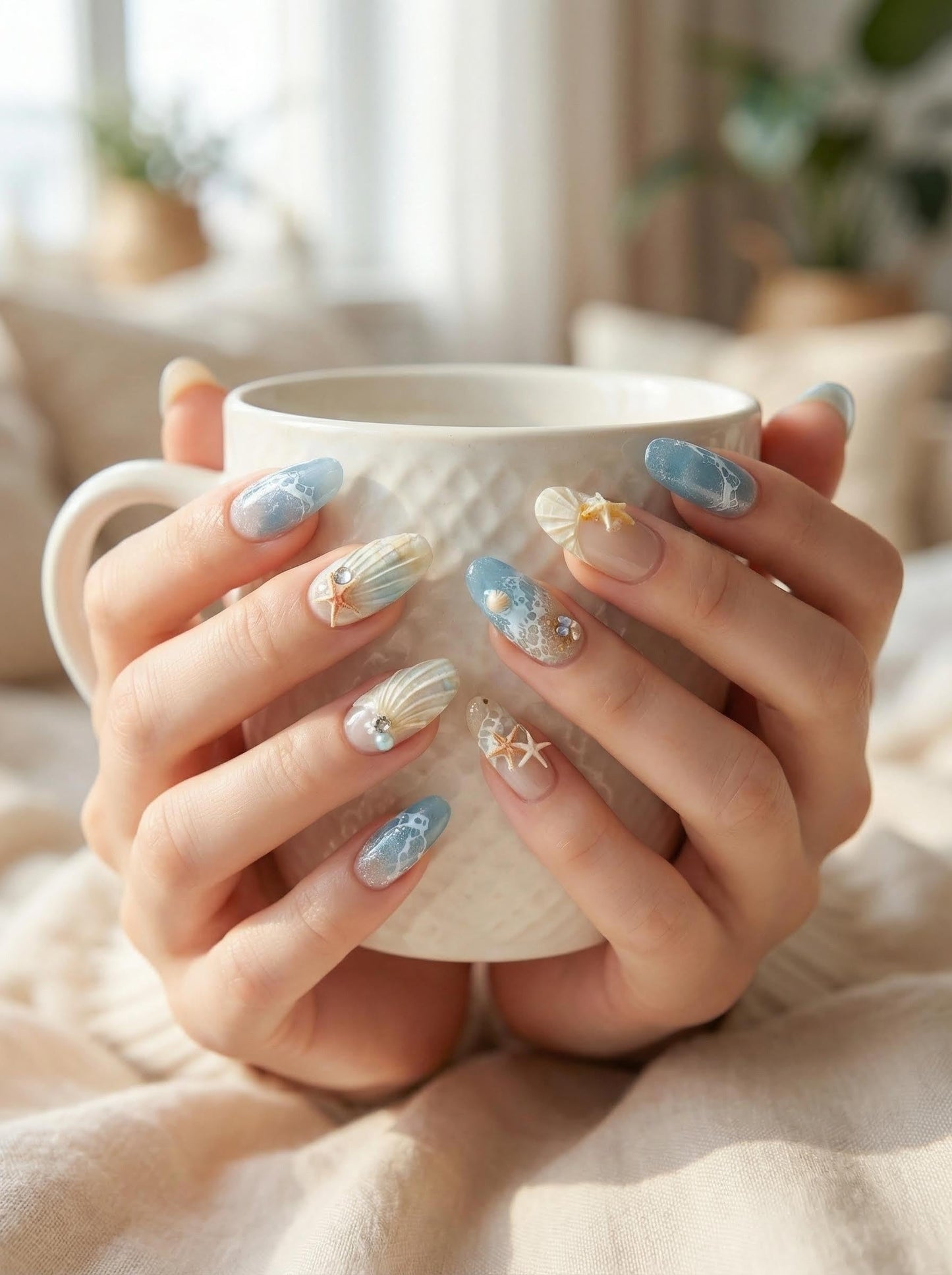 Thrivingbyday 30pcs Reusable Fake Nails,Ocean Theme Press on Nails, Starfish & Seashell 3D Design, Blue Marble & Sandy Texture, Full Cover False Nails with Glue and Adhesive Tabs, Easy to Apply