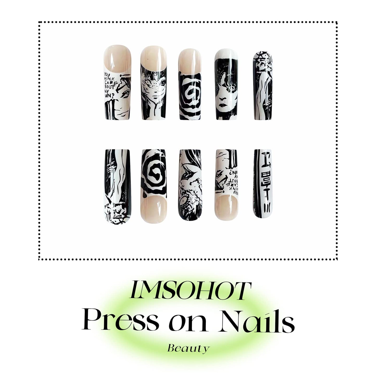 IMSOHOT Long Press on Nails Square French Fake Nails Y2K Black Cartoon Graffiti False Nails Glossy Ballerina Full Cover Acrylic Nails 24pcs