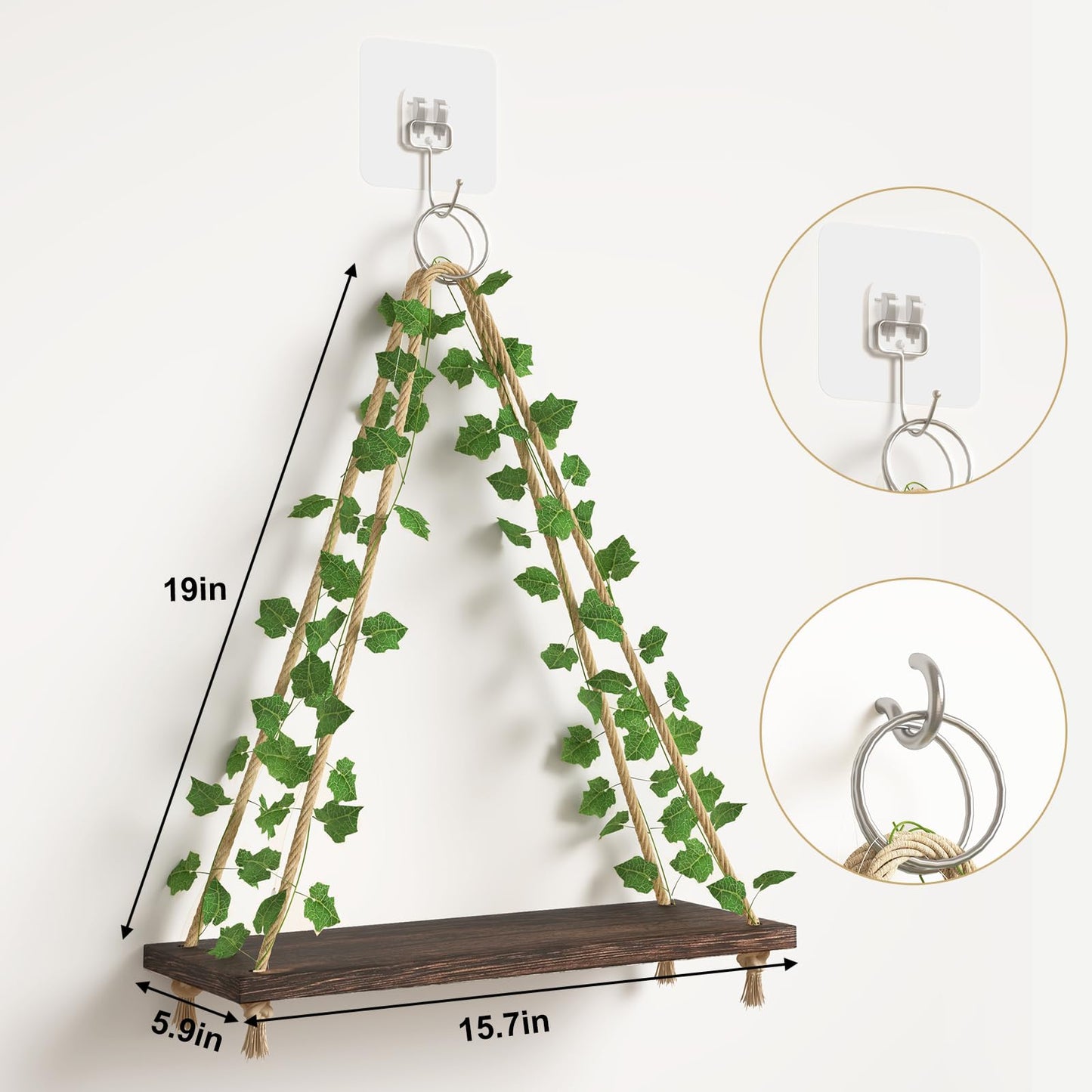 Fixwal Artificial Ivy LED-Strip Floating Shelves Set of 3, Macrame Hanging Shelves Plant Wall Decor, Rustic Boho Wood Wall Storage Shelves for Bedroom, Living Room, Bathroom Decor (Dark Brown)