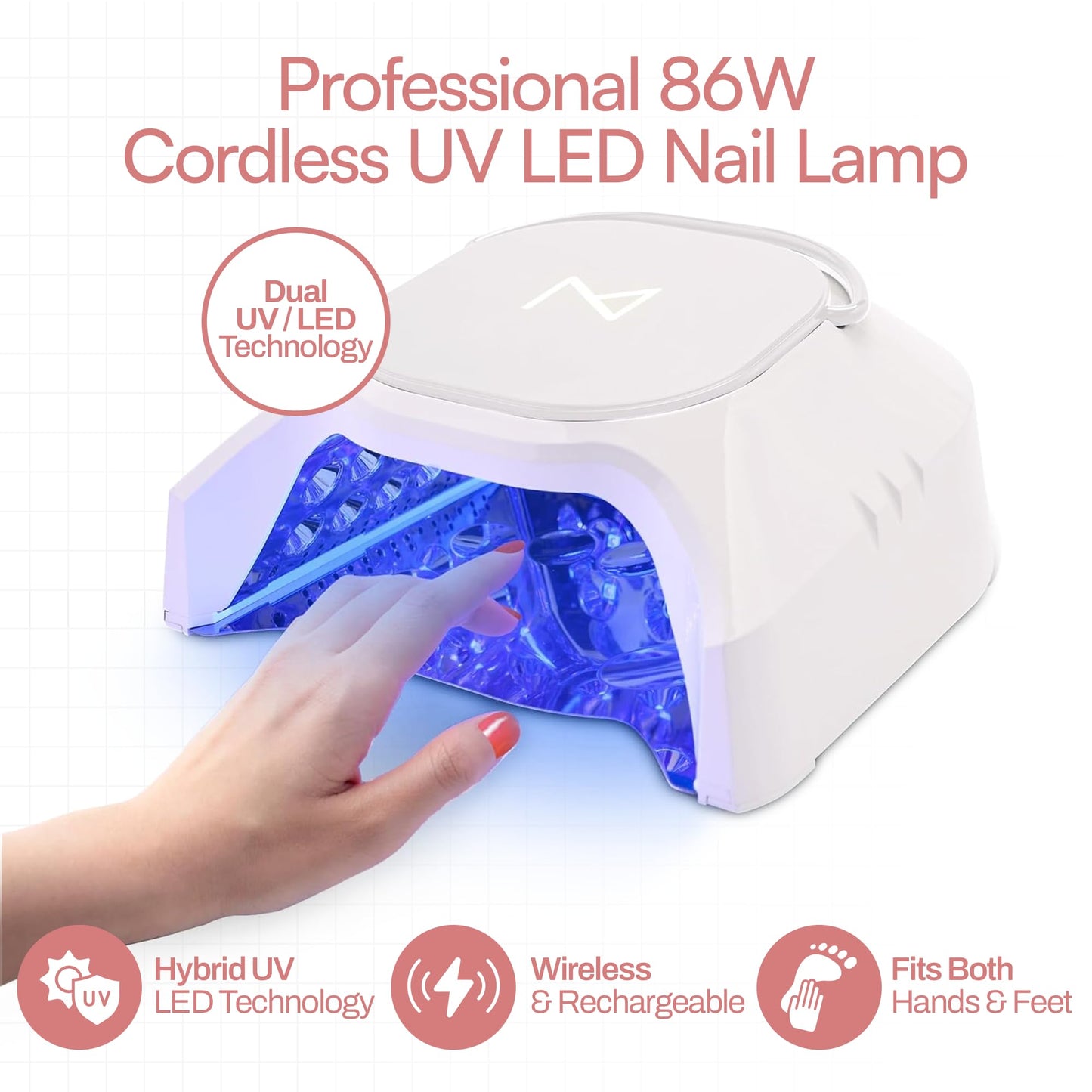 M - GlowPro Professional Hybrid 86W Wireless Rechargeable UV LED Nail Curing Lamp Cordless Nail Dryer for Gel Nails, Manicure, Pedicure (Black & White)