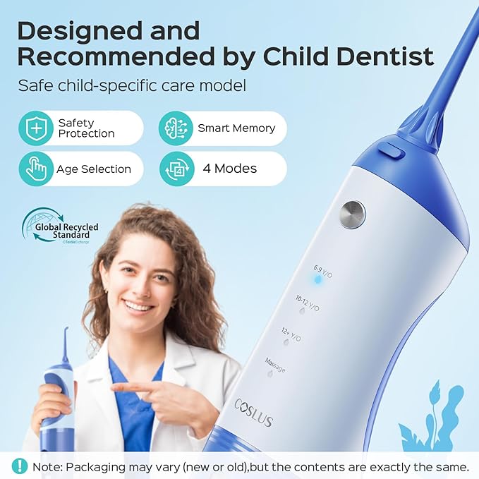 COSLUS Cordless Water Flosser for Kids, Cute Water Dental Pick for Teeth, Braces, Gums Care - 4 Modes for Users Ages 6+, Safe & Gentle, Rechargeable, Waterproof, Portable for Travel, Blue White, C31