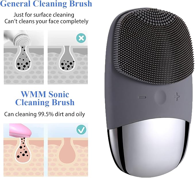 Facial Cleansing Brush, 3-in-1 Electric Soft Silicone Waterproof Face Scrubber, USB Rechargeable IPX7 Waterproof Sonic Vibrating Face Brush for Deep Cleansing, Gentle Exfoliating and Massaging