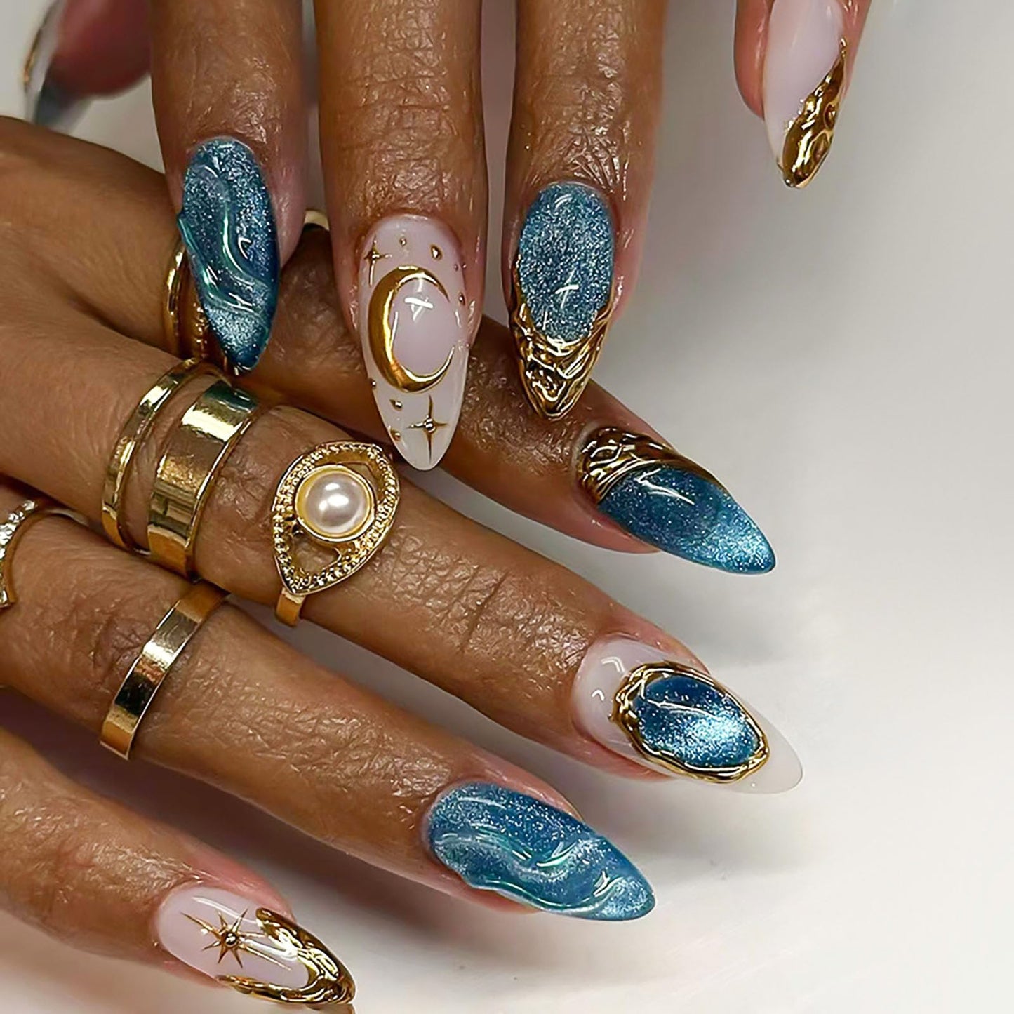 RUOKEXIN Almond Press on Nails Medium Fake Nails Blue Cat Eye False Nails with 3D Gold Designs Spring Summer Nail Press ons Sparkly Artificial Nails for Women 24Pcs