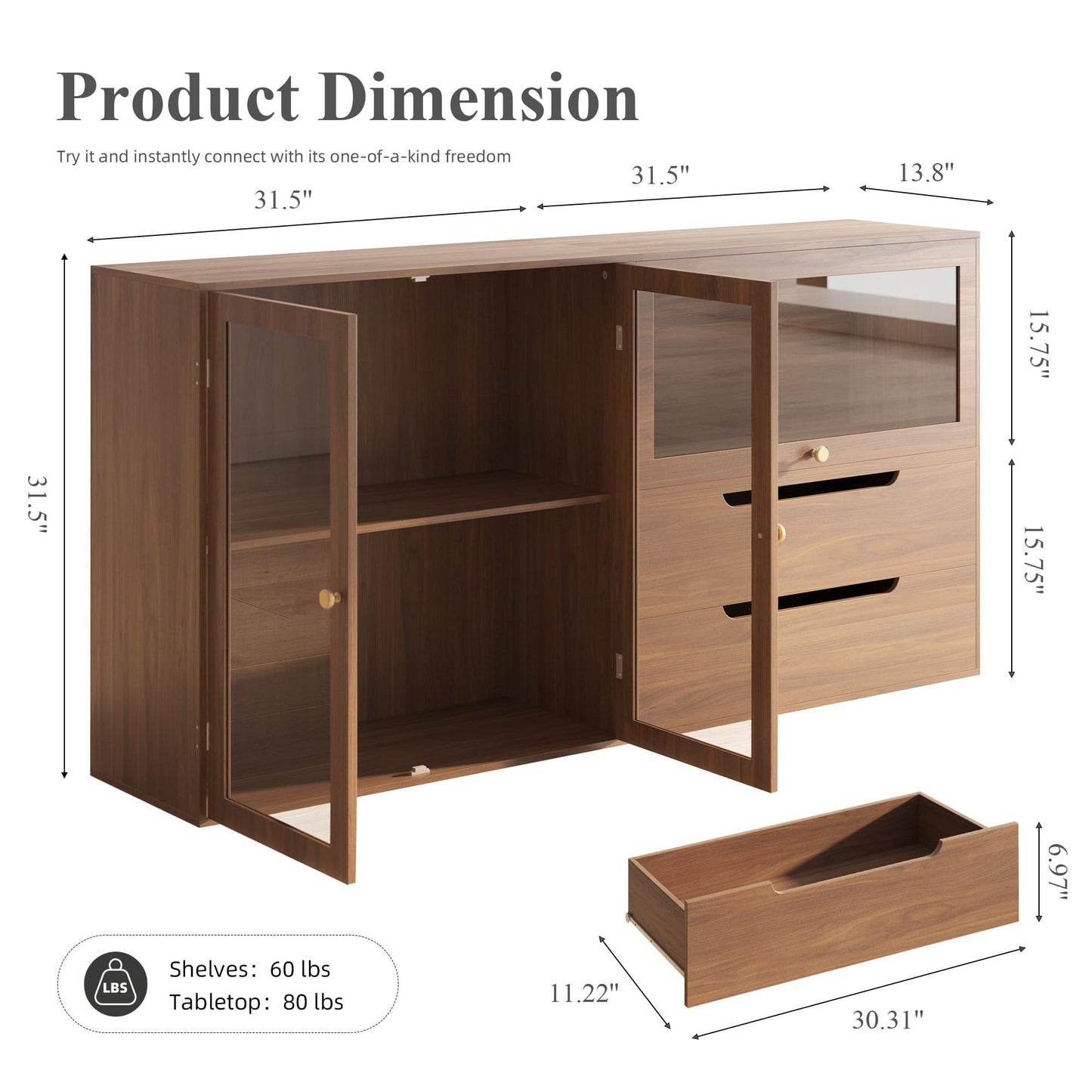 Easyego 63‘’Storage Cabinet,Sideboard Buffet Cabinet with Glass Doors and Drawers,Modern Wood Coffee Bar for Kitchen, Living Room,Dining Room，Entryway-Walnut