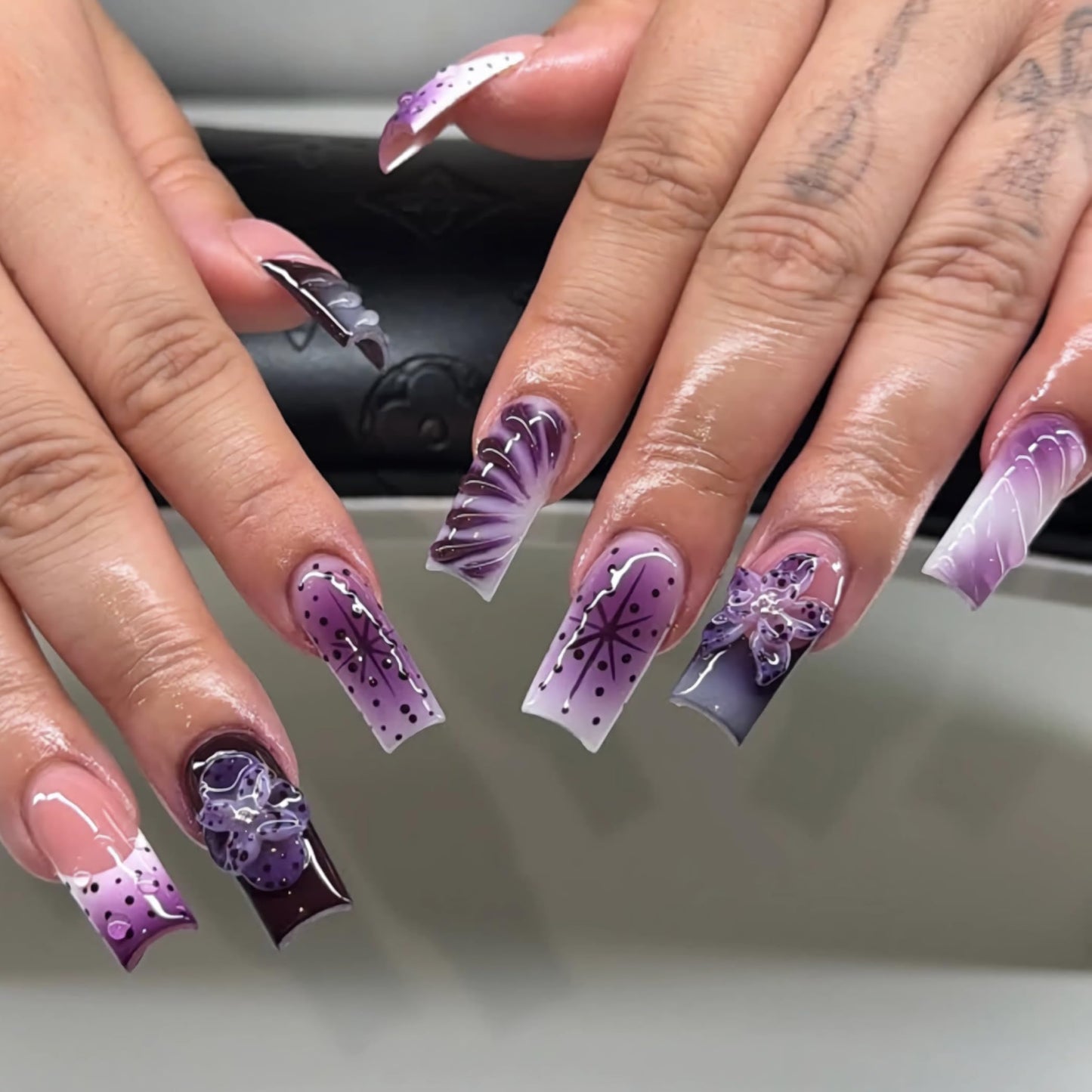 BABALAL Press On Nails, Long Square Fake Nails, Purple Ombre With 3d Floral & Polka Dot, Glossy Full Cover Glue On Nails For Women And Girls 24Pcs