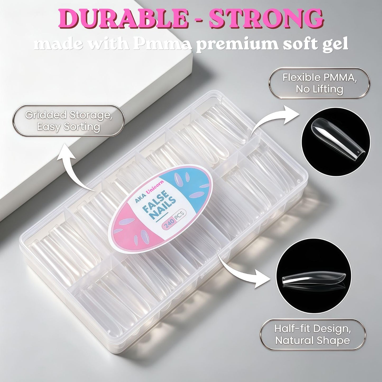 AKA Unicorn Long Square Nail Tips,240Pcs Clear Full Cover Soft Gel Nail Tips,12 Sizes Pre-Shaped Straight Square Nails,3XL Clear Press On Nail Extensions for Beginners & Professionals Salon Home DIY