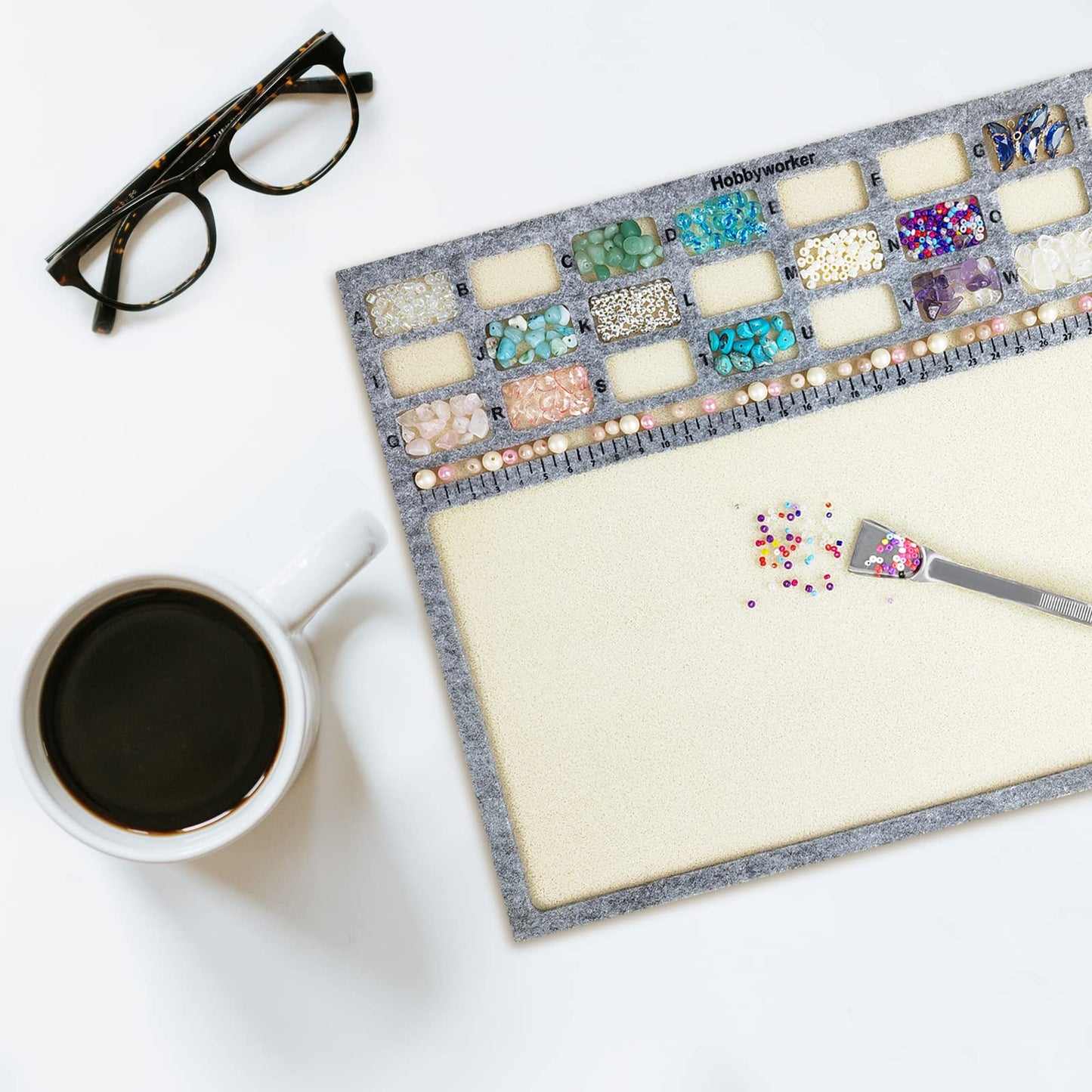 hobbyworker Bead Mat,Soft Perfect Stable,Surface Flocking with Centimeter Scale 3 Pcs Set(L) and Stainless Steel Handy Tweezers with Scoop for Jewelry Making Beading Supplies