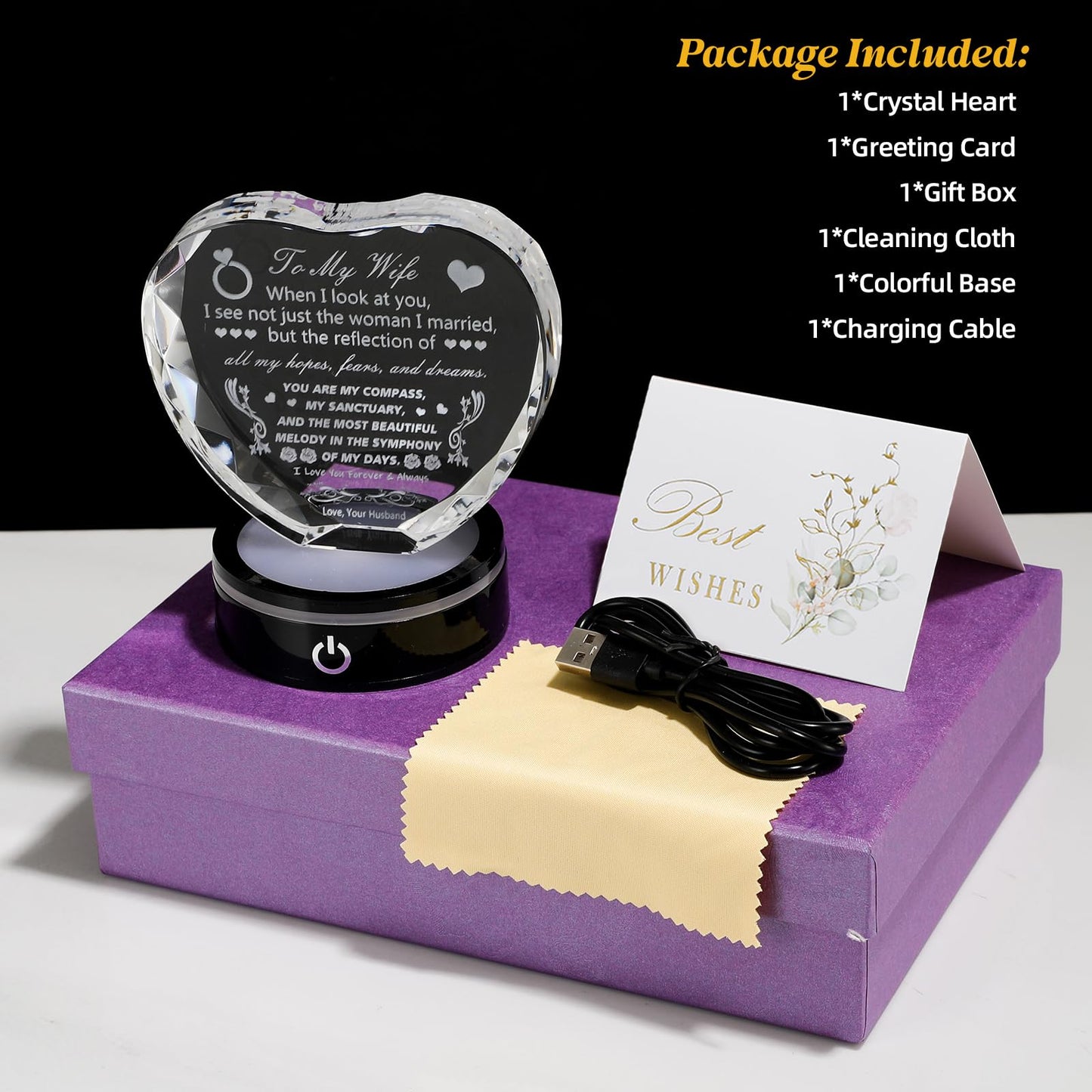 MysticGlitz Anniversary Romantic Gifts for Wife, Heart Crystal Keepsake Decor, LED Light Base Night Lamp, Thoughtful Birthday Gift for Her, Wedding Anniversary Present for Wife