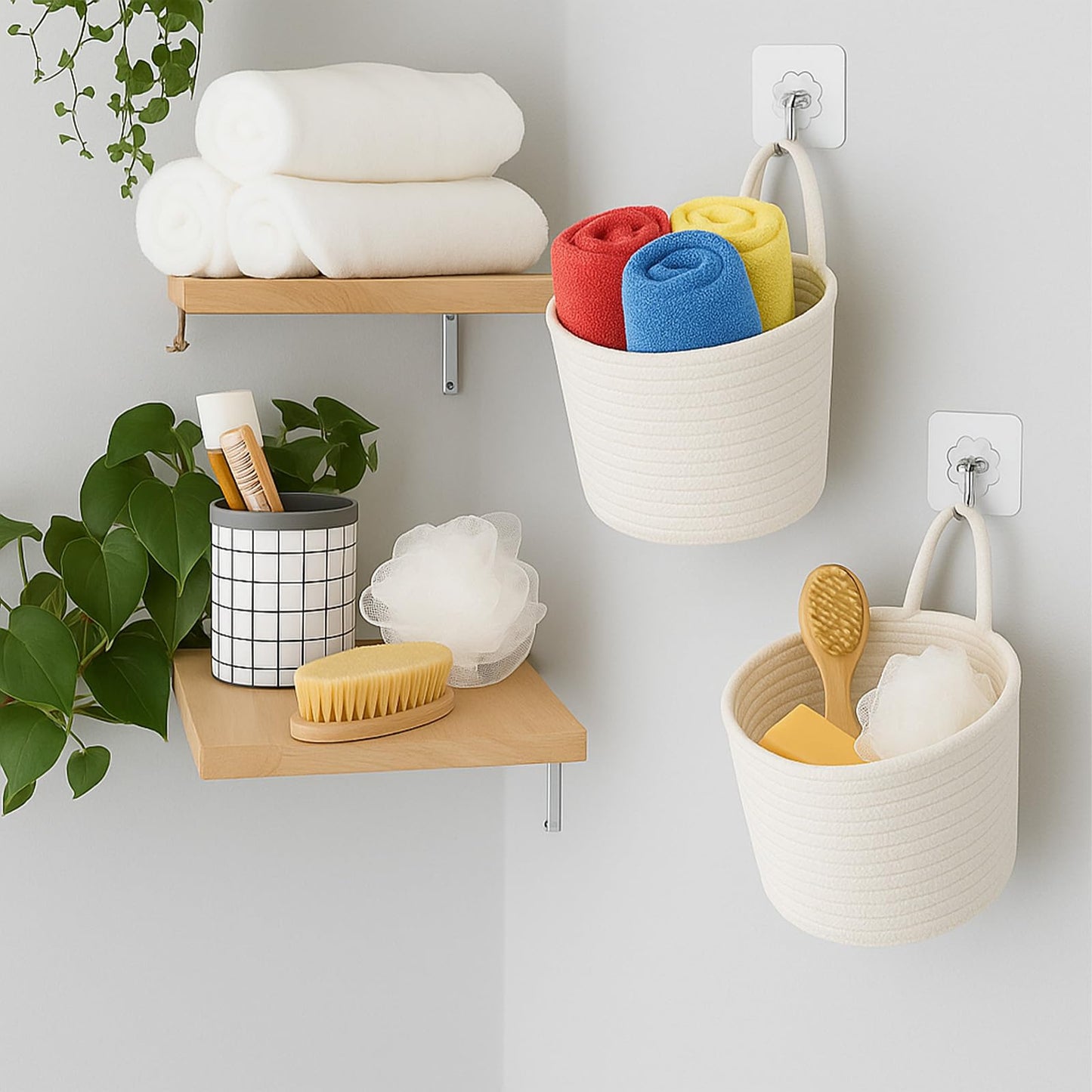 ShellKingdom Hanging Baskets, 3Pack Woven Wall Mounted Storage Basket with 3 Pcs Hooks, Boho Pouchs Bag Organizers for Home Office Living Room Bathroom Door Wall Decoration Caddy Bins (White)