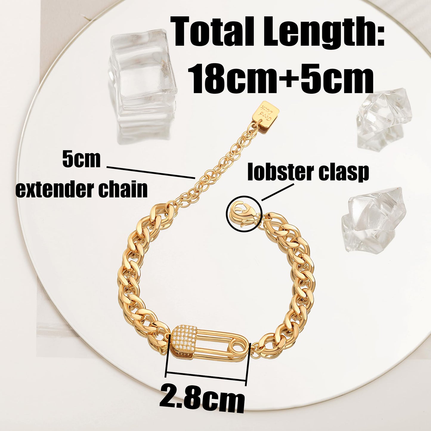 SOFYBJA Dainty 18K Gold Zircon Pin Cuban Chain Link Bracelet Personalized Adjustable Bracelet Layering Jewelry for Women