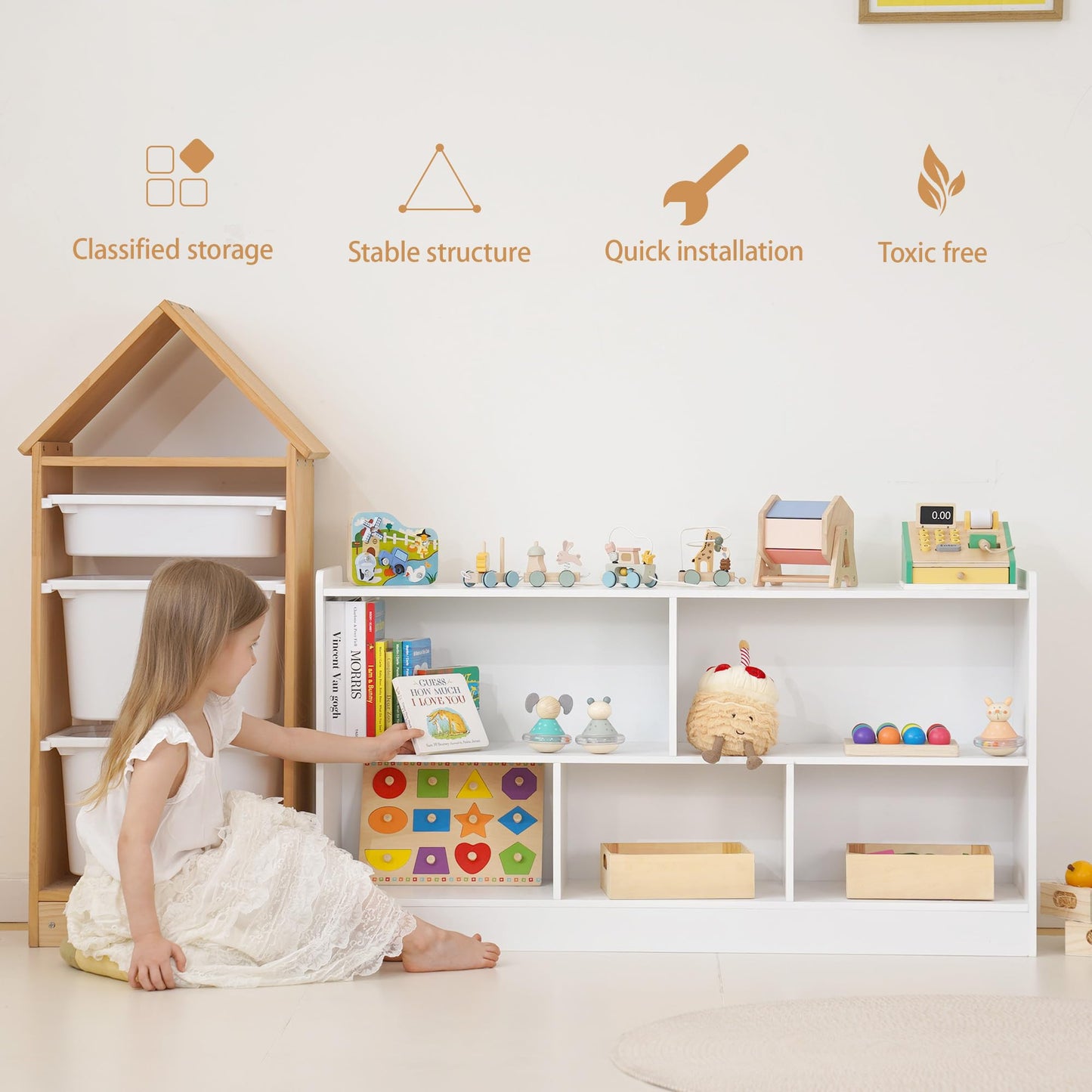 Leeshyah 5-Section Wooden Toy Shelf for Kids, Montessori Shelf Storage with Open Shelving & Customizable Layout | Safe, Sturdy Design for Kids Room, Classroom & Playroom White