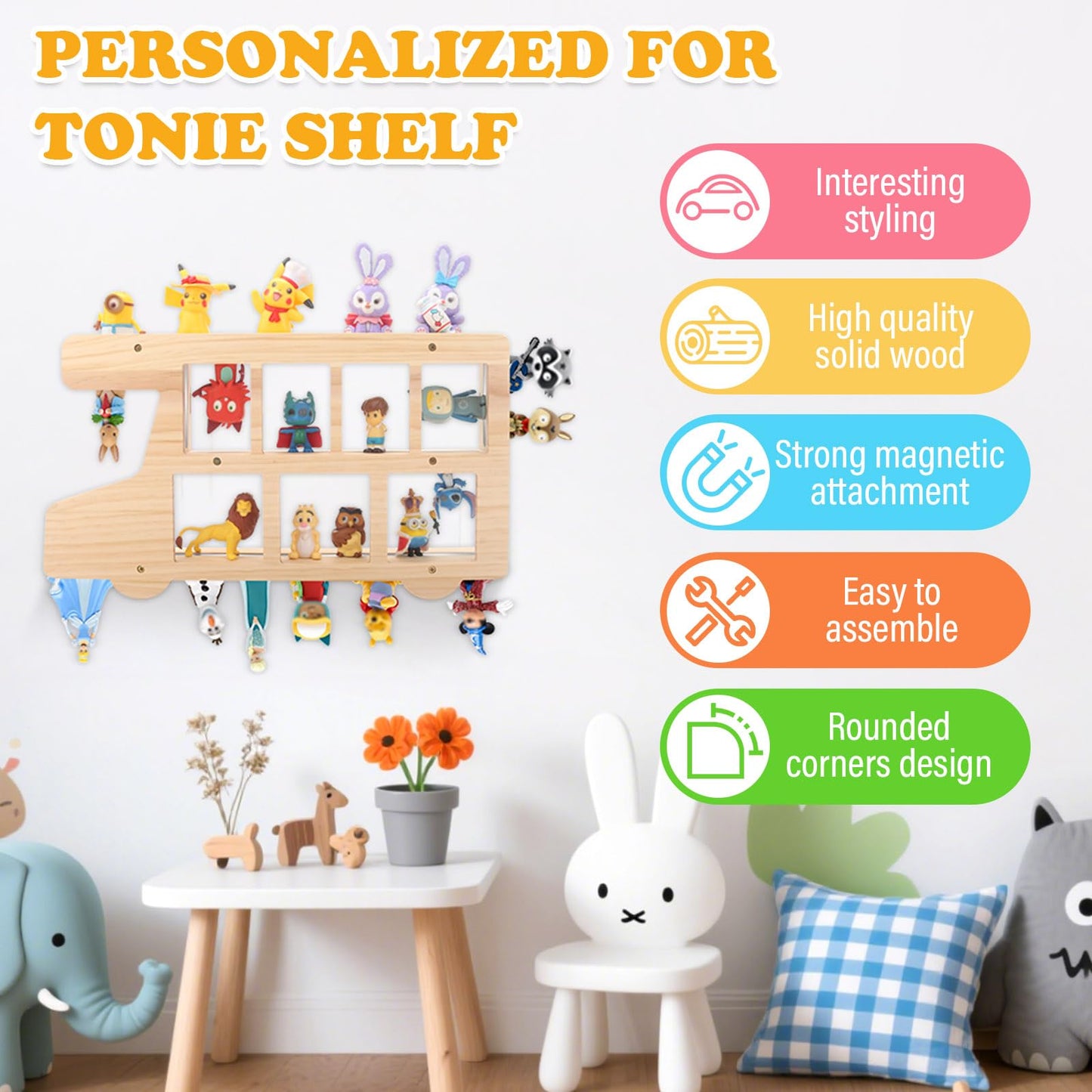 RZYLKA Car for Tonies Box Figures Characters Organizer Storage Shelf Wall Mounted, Bus Wooden Magnetic Floating Shelves for Tonies Characters, Display Collection 15~25 Characters