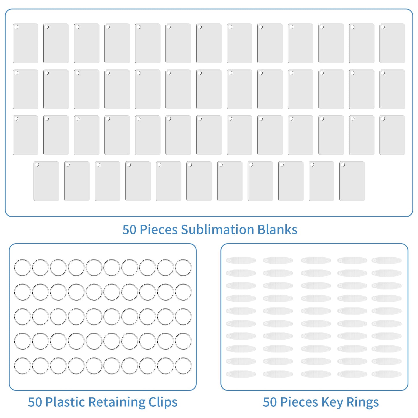 Merkisa 150 Pcs Sublimation Keychain Blanks – Double-Sided Heat Transfer Blanks 50 Set with Rings & Clips, Clear Film– DIY Bulk Blank Keychains for Crafts, Personalized Gifts (Rectangle)