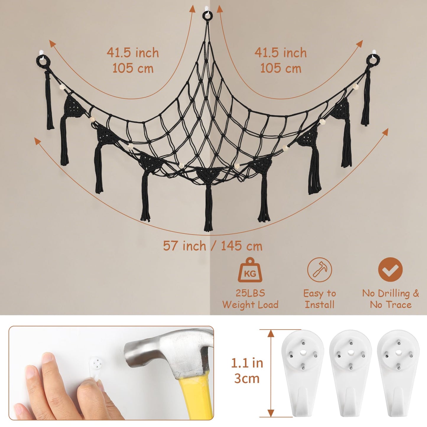 Stuffed Animal Storage Hammock Corner, 57 Inch Large No Drilling Handcrafted Stuffed Animal Net, Natural 100% Cotton Boho Macrame Toy Hammock Stuffed Animal Organizer for Kid Room Nursery Decor(Black)