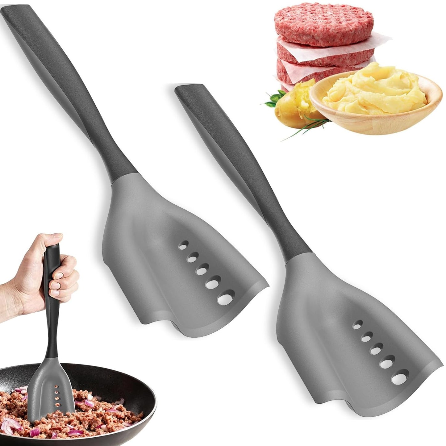 Meat Chopper and Ground Beef Masher, Hamburger Chopper Tool, Heat Resistant Silicone Potato Masher, Non-Stick Safe Kitchen Utensil with Drain Holes, Dishwasher Safe