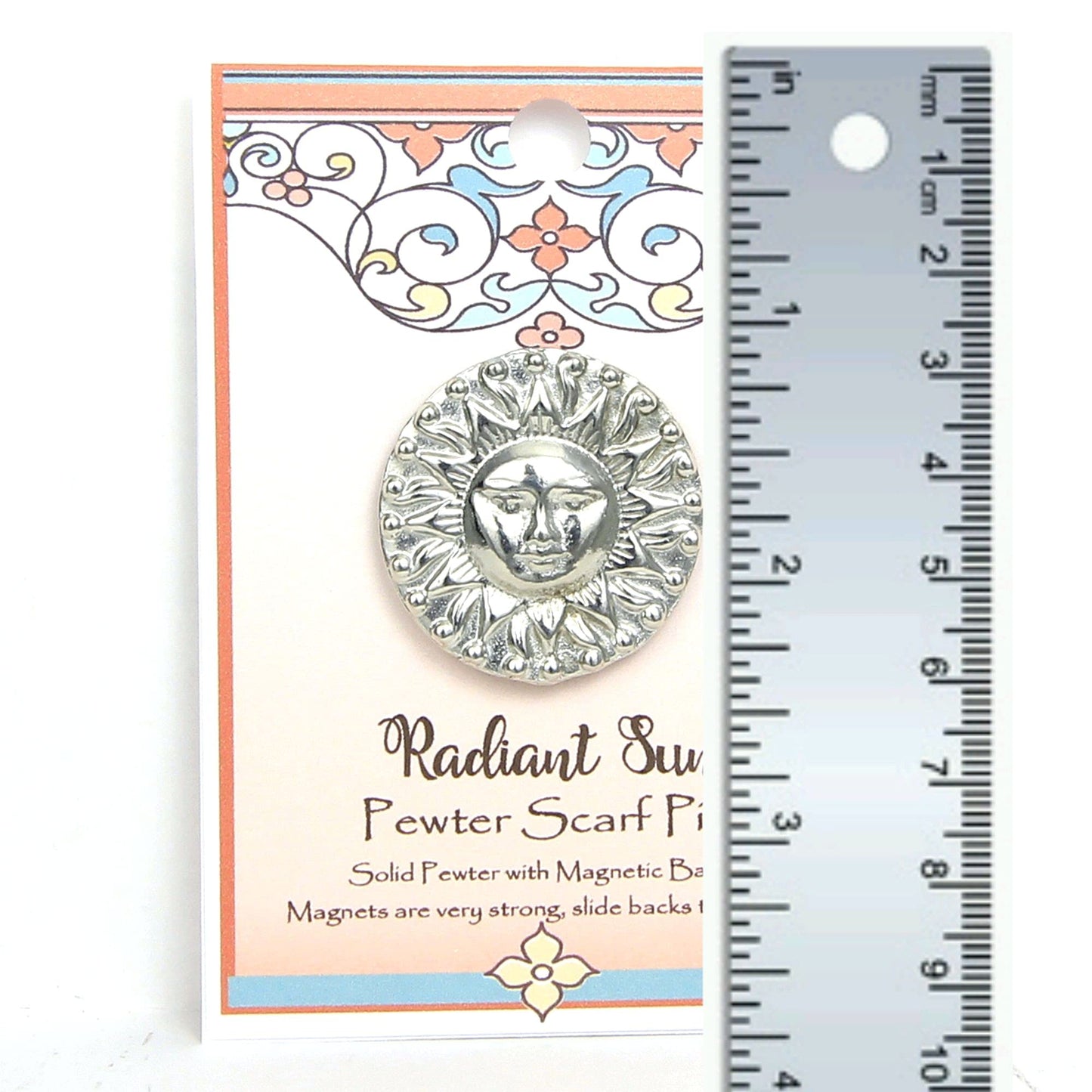 Pewter Celestial Sun Pin - Magnetic back No Holes in Clothes - Gift Packaged - Handcrafted in USA (Shipped by Amazon Prime)