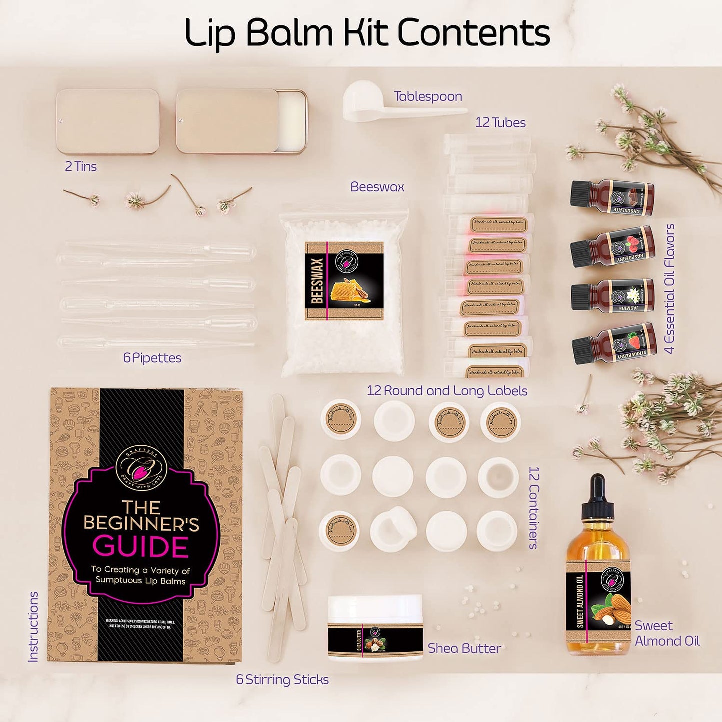 CraftZee 𝗣𝗥𝗘𝗠𝗜𝗨𝗠 Lip Balm Making Kit. DIY Lip Gloss Pack, Natural Beeswax, Shea Butter, Sweet Almond Oil, Essential Oils, Tools, Instruction Manual, Adult Craft Kit