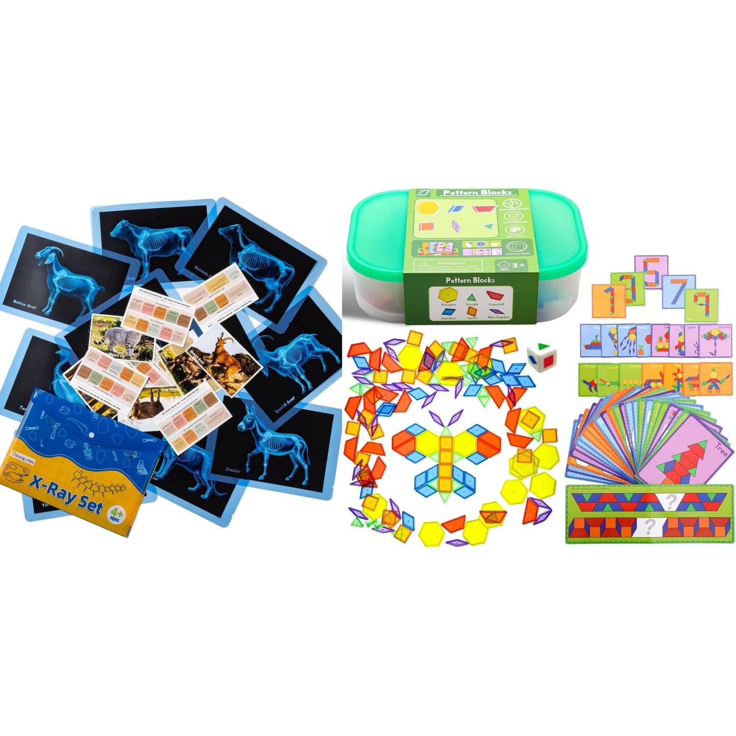 Odoorgames Farm Animal Xrays - 140 Pcs Translucent Pattern Blocks, Sensory Light Table Toy Set for Kids, Artist Tracing Light Box, LED Light Up Sensory Table Toys