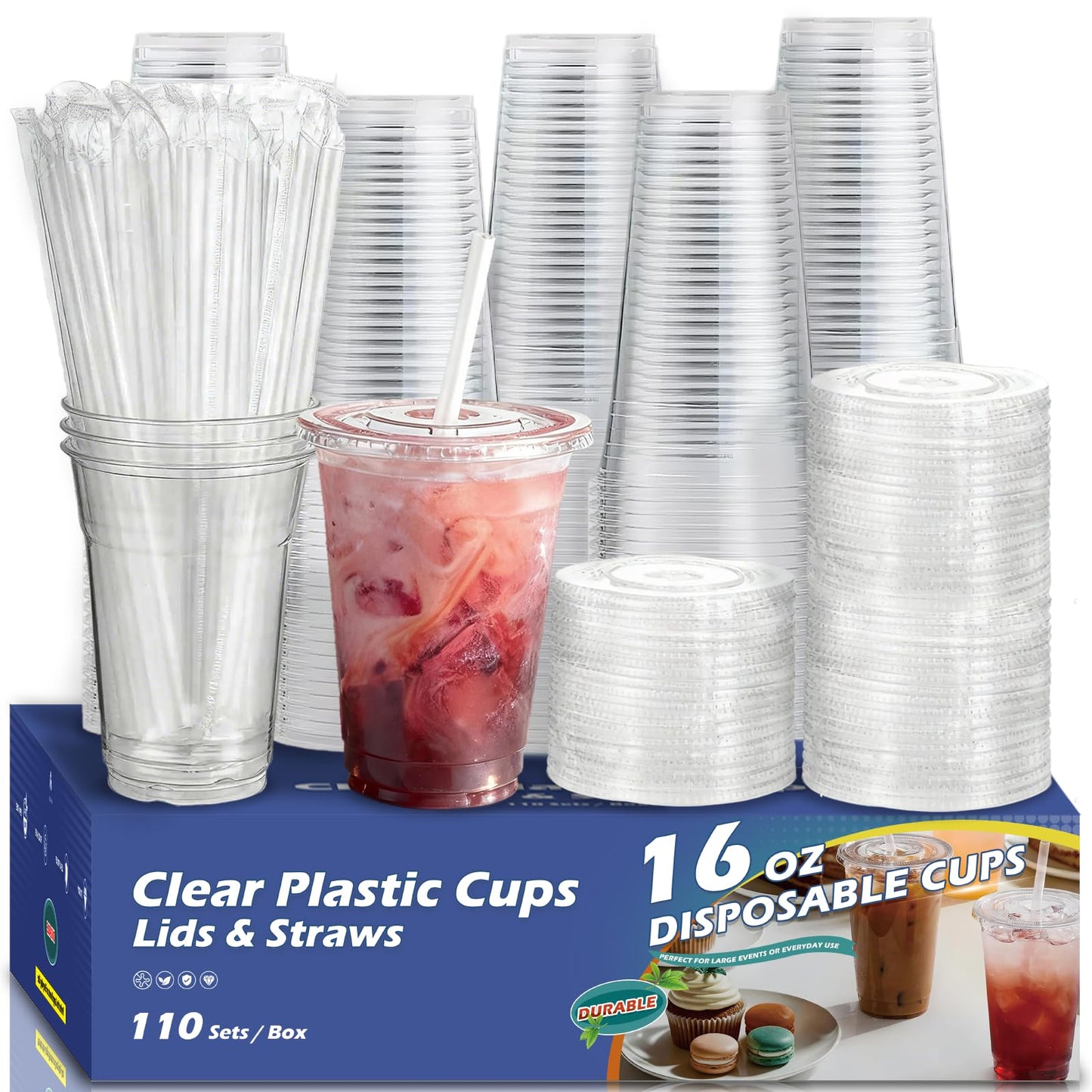 Voatree 110 Pack Clear Plastic Cups with Lids and Straws, 16 oz Disposable Iced Coffee Cups To Go, BPA-Free Cold Drink Cups for Smoothie, Matcha, Parties