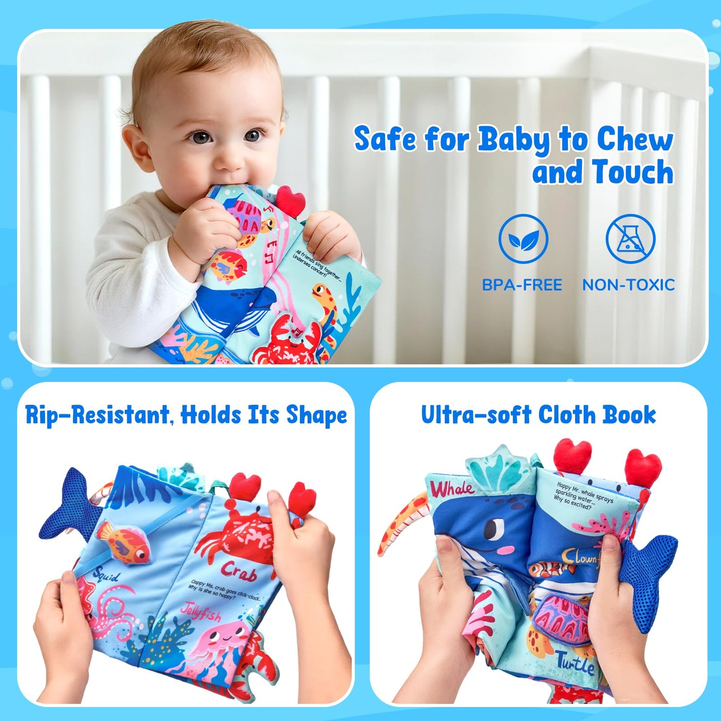 JoyCat Baby Books 0-6-12 Months - Ocean Tummy Time Toys Mirror - Montessori Sensory Activity Cloth Book with 3D Crab & Fish - Newborn Easter Basket Stuffers