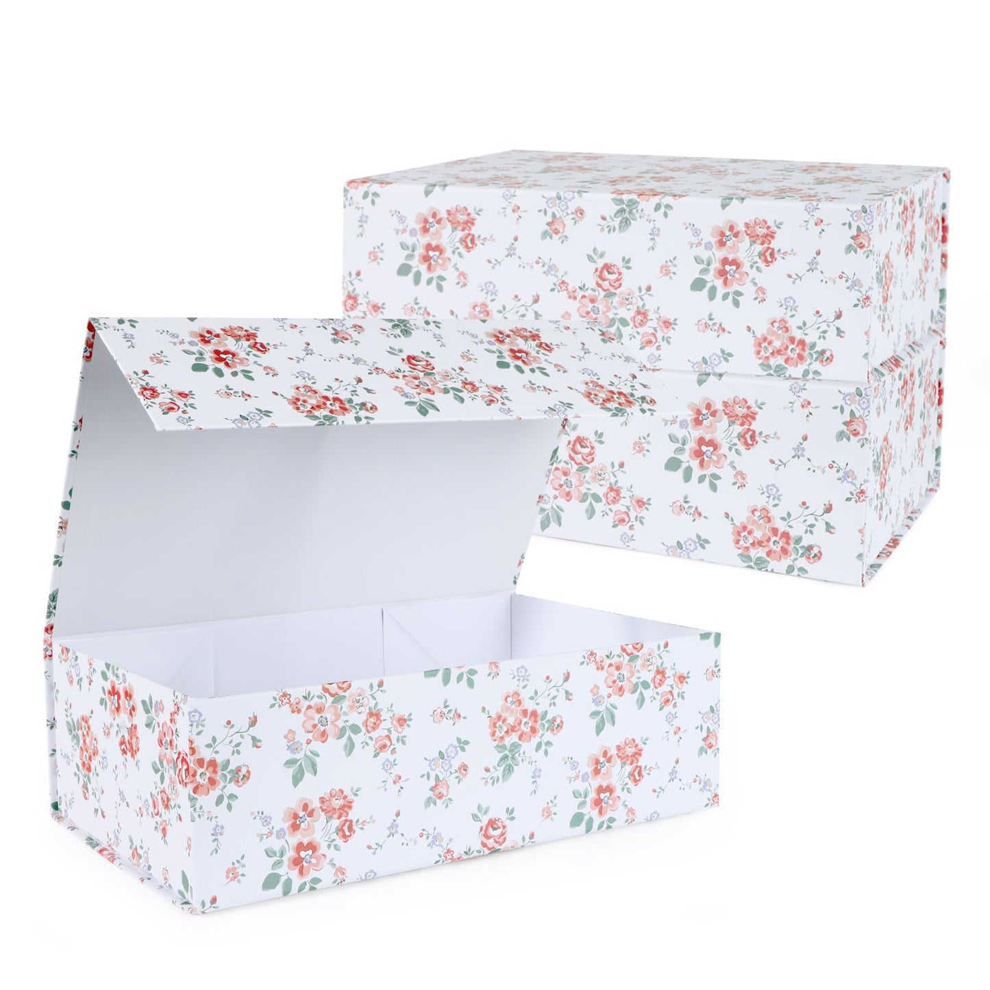 LFBOX Rose Floral Gift Box with Magnetic Lids 13.8x8.3x4.4 in, Large Bridesmaid Proposal Boxes, Rectangle Wedding Decorative Storage Box 3 Pack