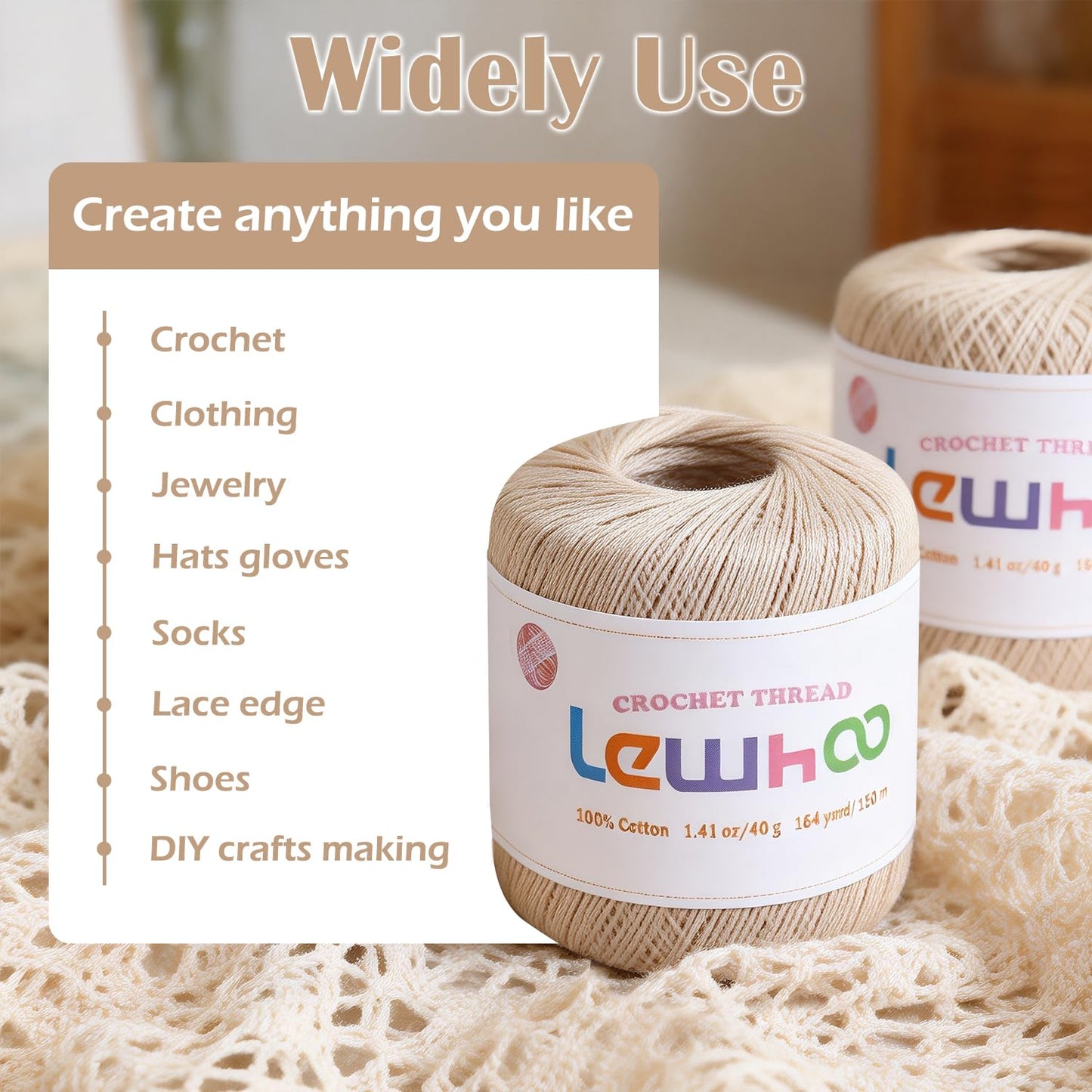 Lewhoo Size 3 Crochet Thread, 3 Pack Lace Yarn Ball 100% Cotton, 40g Each Ball Crochet Yarn for Hand Embroidery Natural