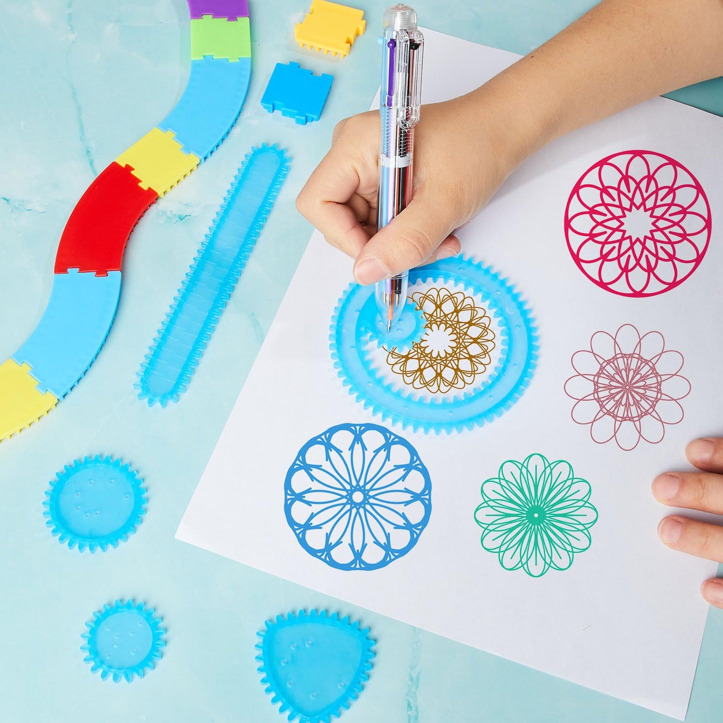 Chivao Spiral Art Gear Geometric Ruler Circle Template for Drawing Plastic Template Ruler Drawing Kit Spiral Curve Stencils with Pens Paper for DIY Art Crafts Sketch(Stylish)