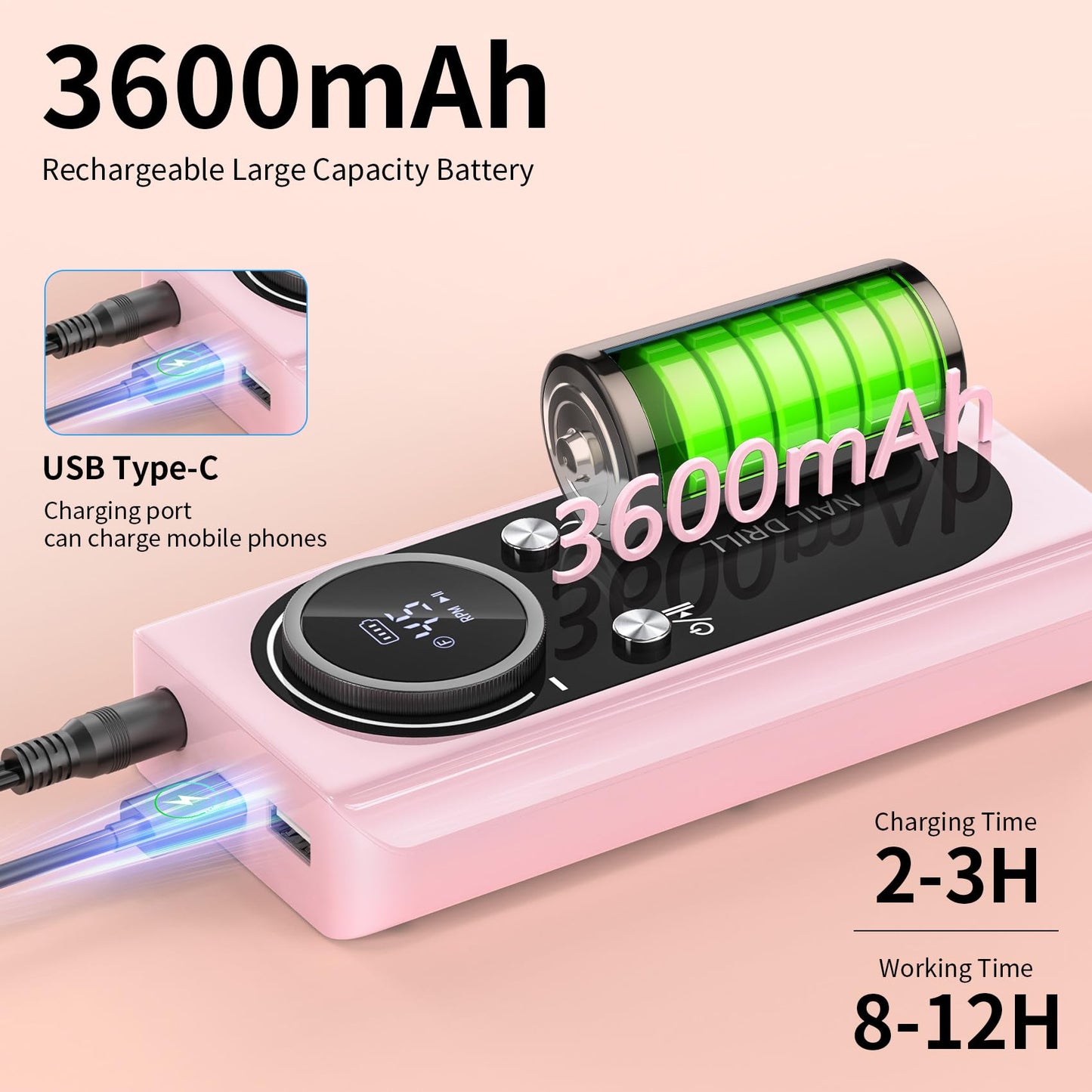 Electric Nail Drill Machine 45,000RPM - Professional Electric and Rechargeable Nail Drill with LCD Display, 6 Bits and 30 Sanding Bands, Low Heat Quiet E-File for Acrylic Gel Nails (Pink)