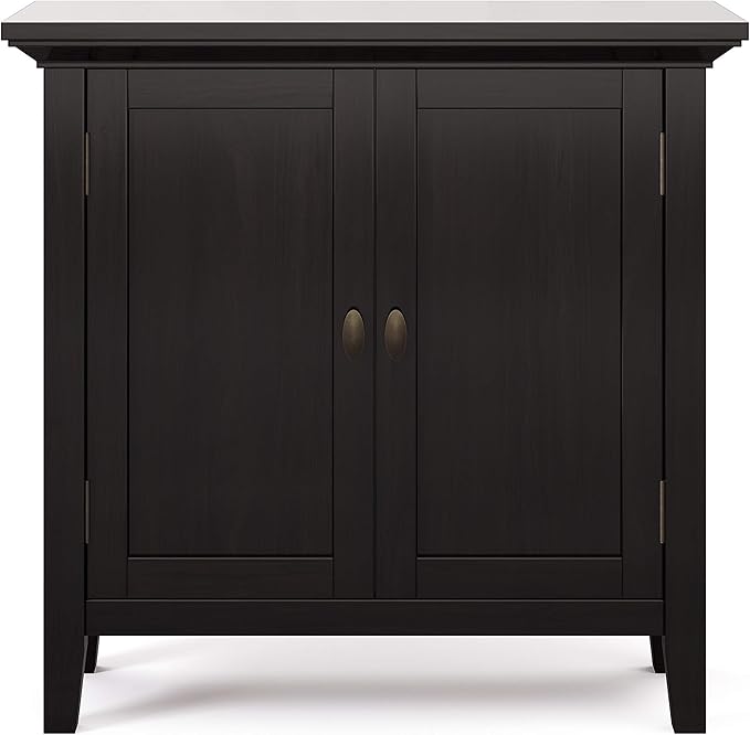 SIMPLIHOME Redmond SOLID WOOD 32 inch Wide Transitional Low Storage Cabinet in Hickory Brown for the Living Room, Entryway and Family Room