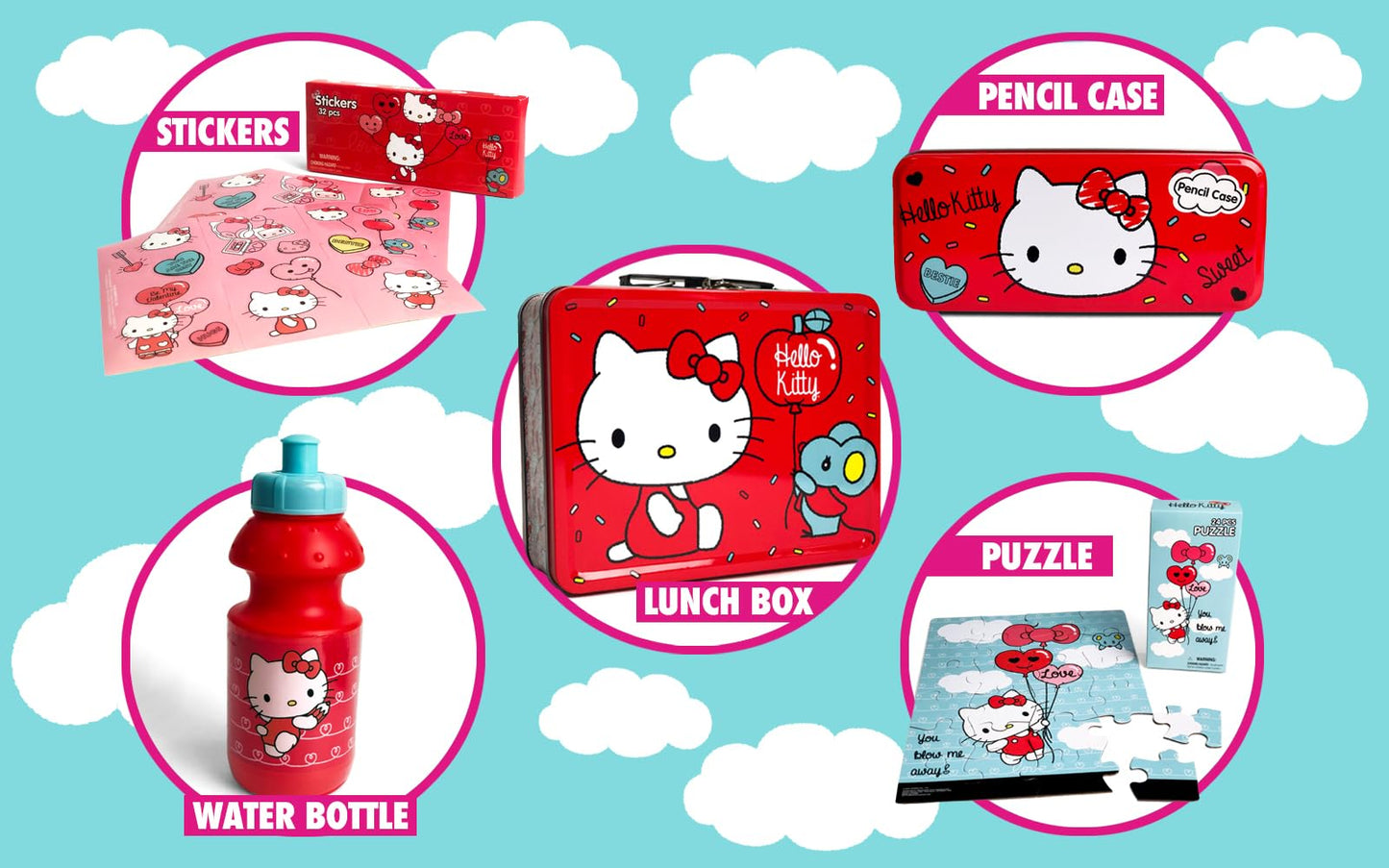 Hello Kitty Gift Set- Hello Kitty Lunch Tin Box, Water Bottle, Puzzle, Stickers, and Pencil Case.