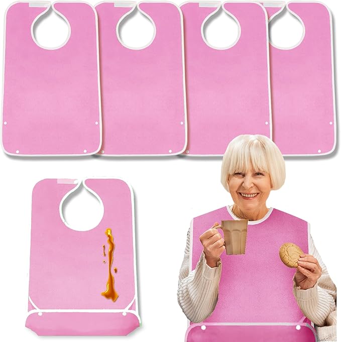 4 Pack Terry Cloth Adult Bibs with Crumb Catcher, Washable Adjustable Adult Bibs for Unisex Men Women Elderly Seniors