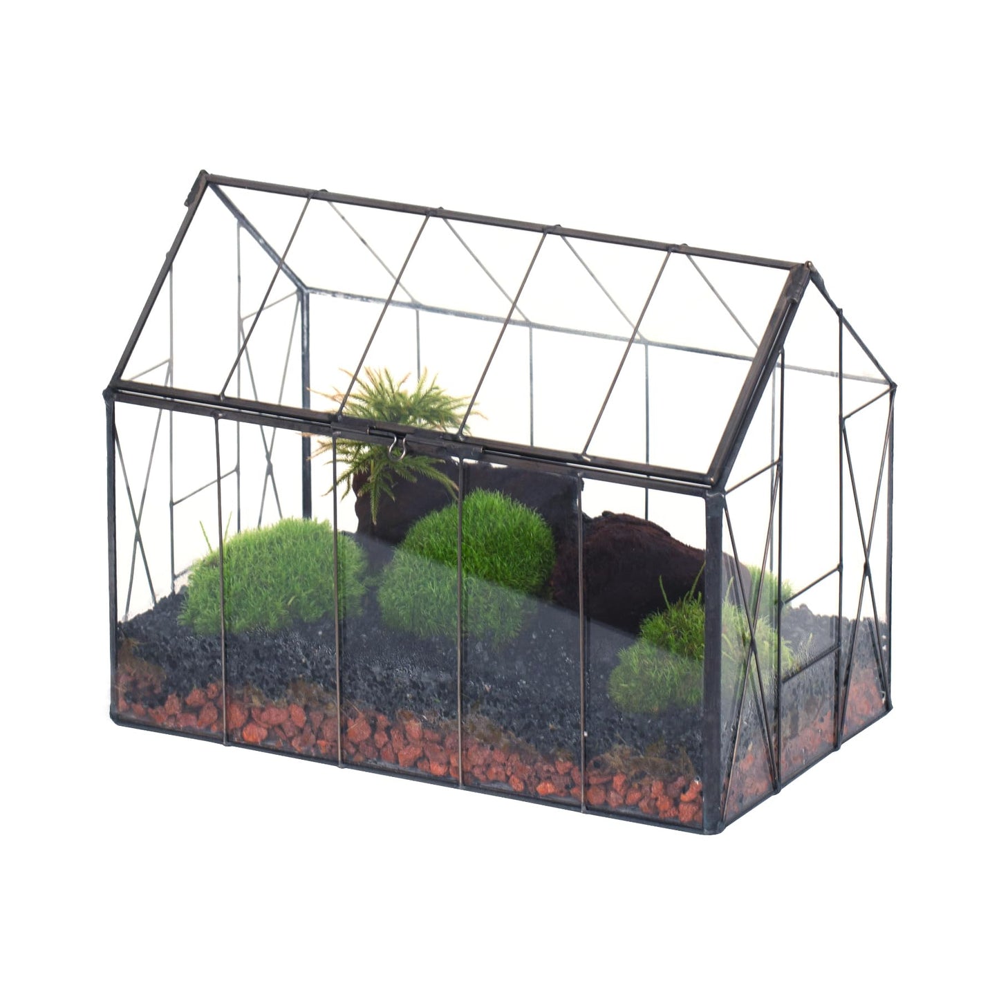 NCYP Geometric Glass Terrarium with Lid for Succulent, Small Cactus - Handmade Clear Closed House Shape Box - Home Indoor Tabletop Garden Decor, Black 9.4" x 5.5" x 7.3" (No Plants)