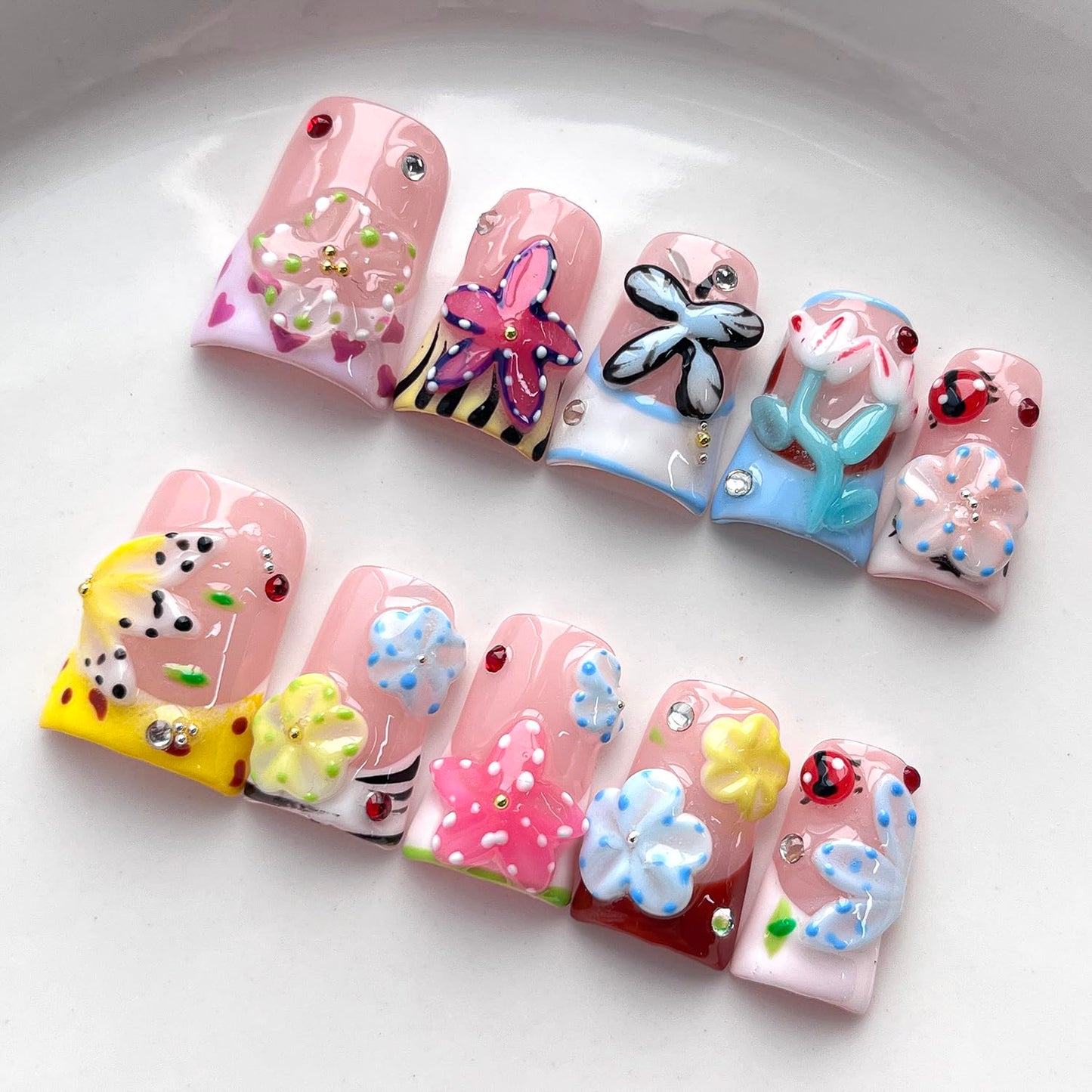 French Tip Press on Nails Handmade Short Duck 3D Flower Thick Acrylic Nails Cute False Nails with Floral Ladybug Butterfly Designs Glossy Fake Nail Sturdy Art Spring Press on Nail 10Pcs(S)